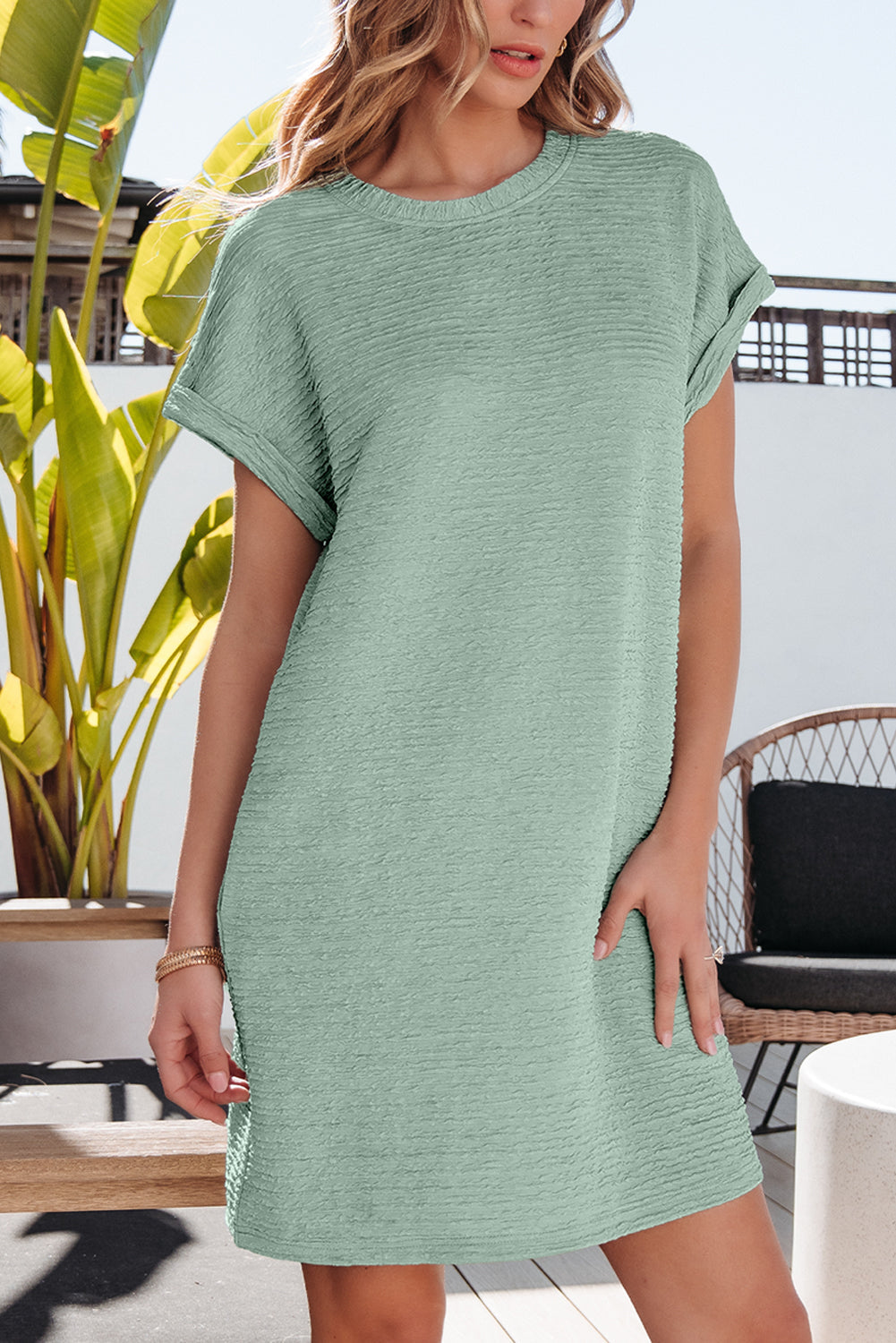 Crinkle Solid Textured Short-Sleeved T Shirt Dress