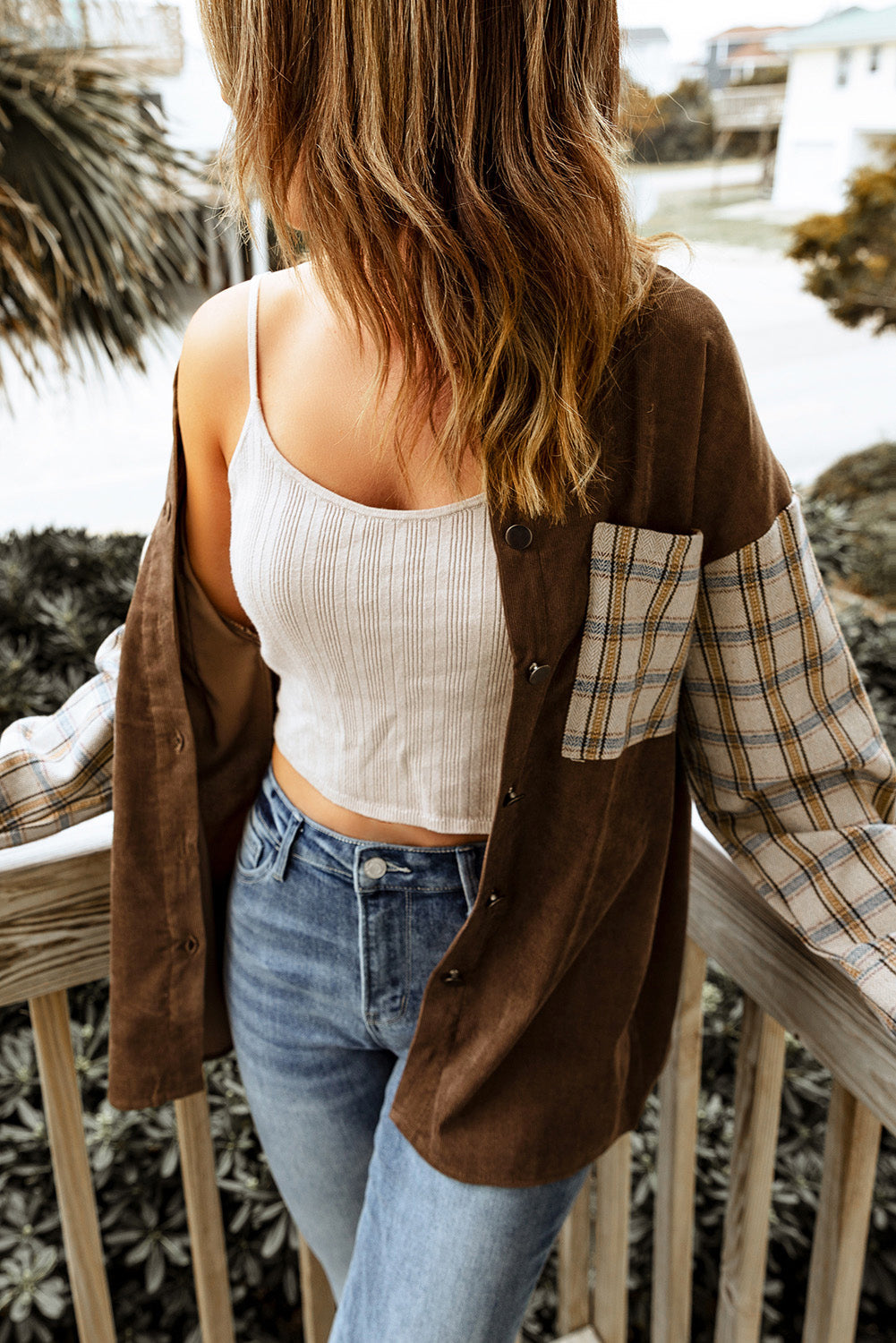 Women's Shirt Jacket Featuring Cord Plaid Patchwork