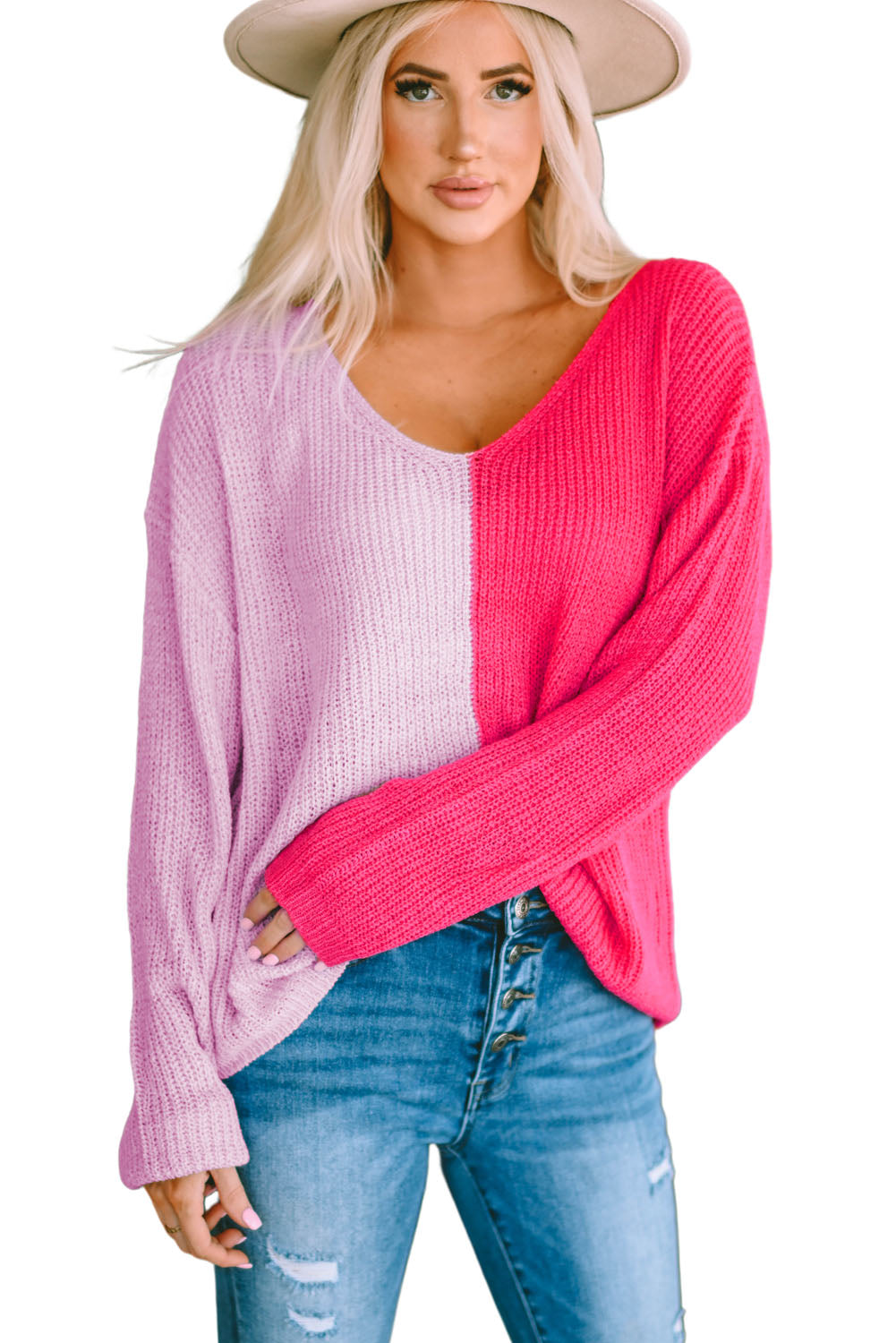 Women's Sweater with V Neck Color-Block Long-Sleeve