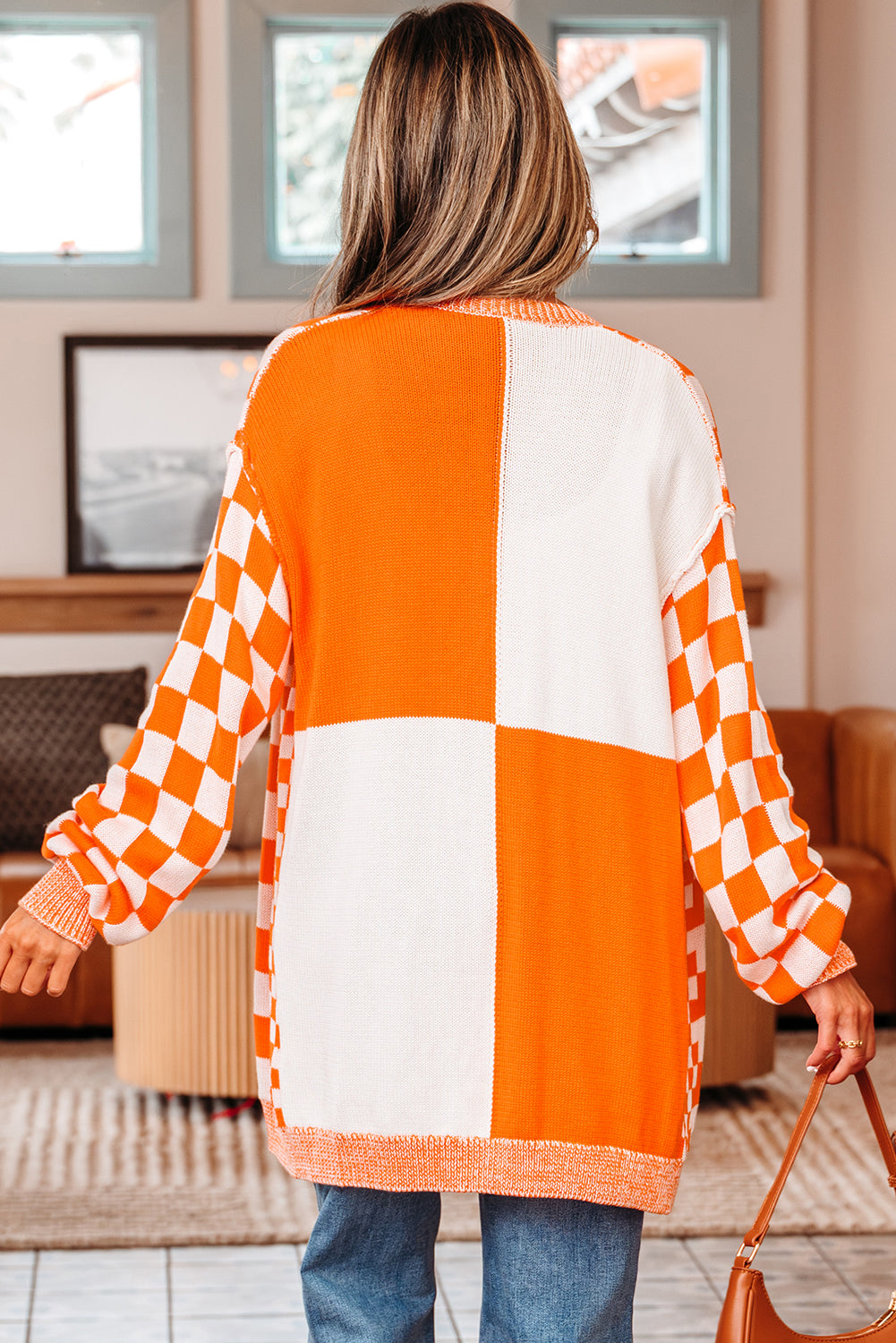 Open-Front Drop-Shoulder Checkered Drop-Shoulder Cardigan in Orange