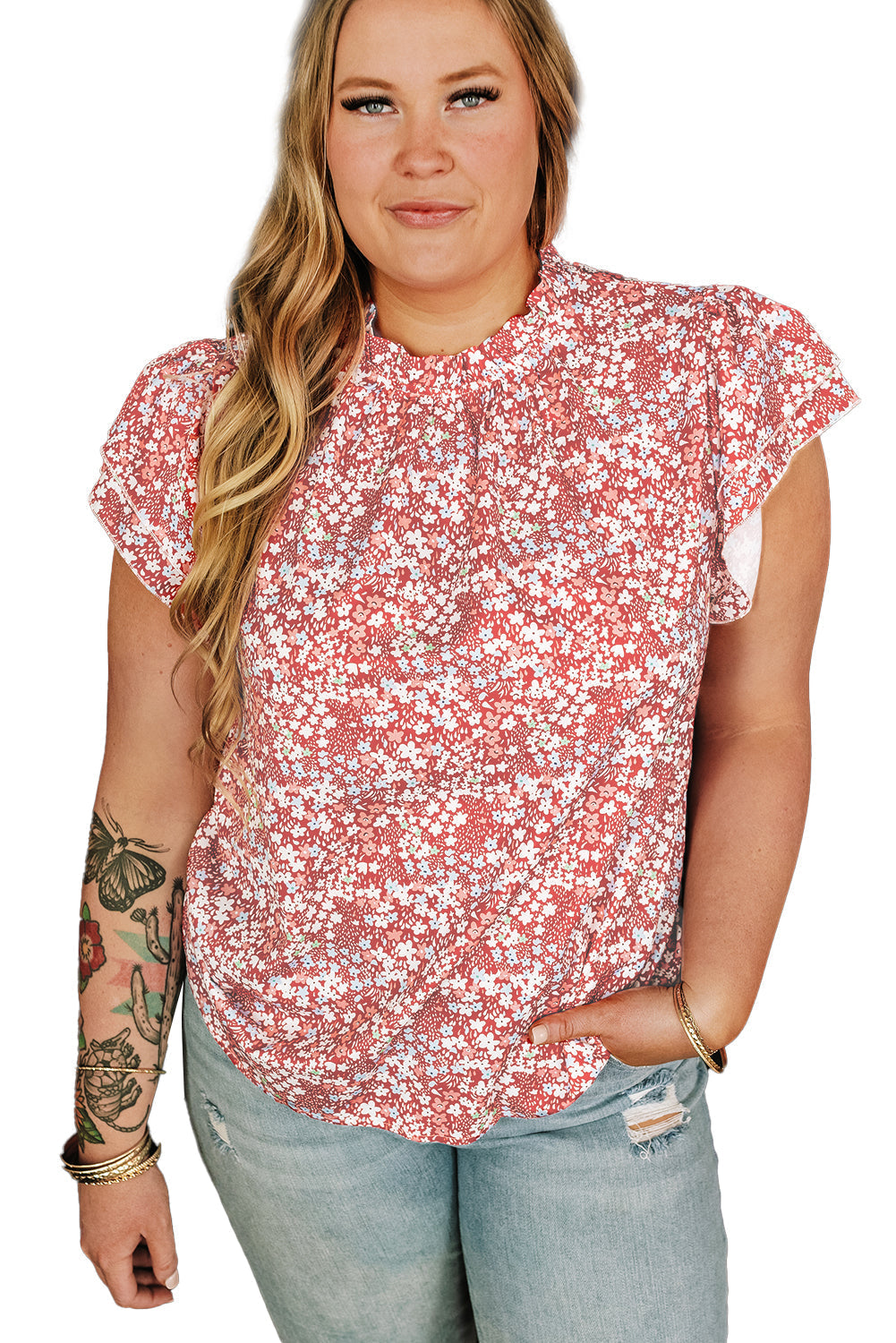 Women's Blouse Featuring Frill-Trimmed Neck Plus Size Floral-Print