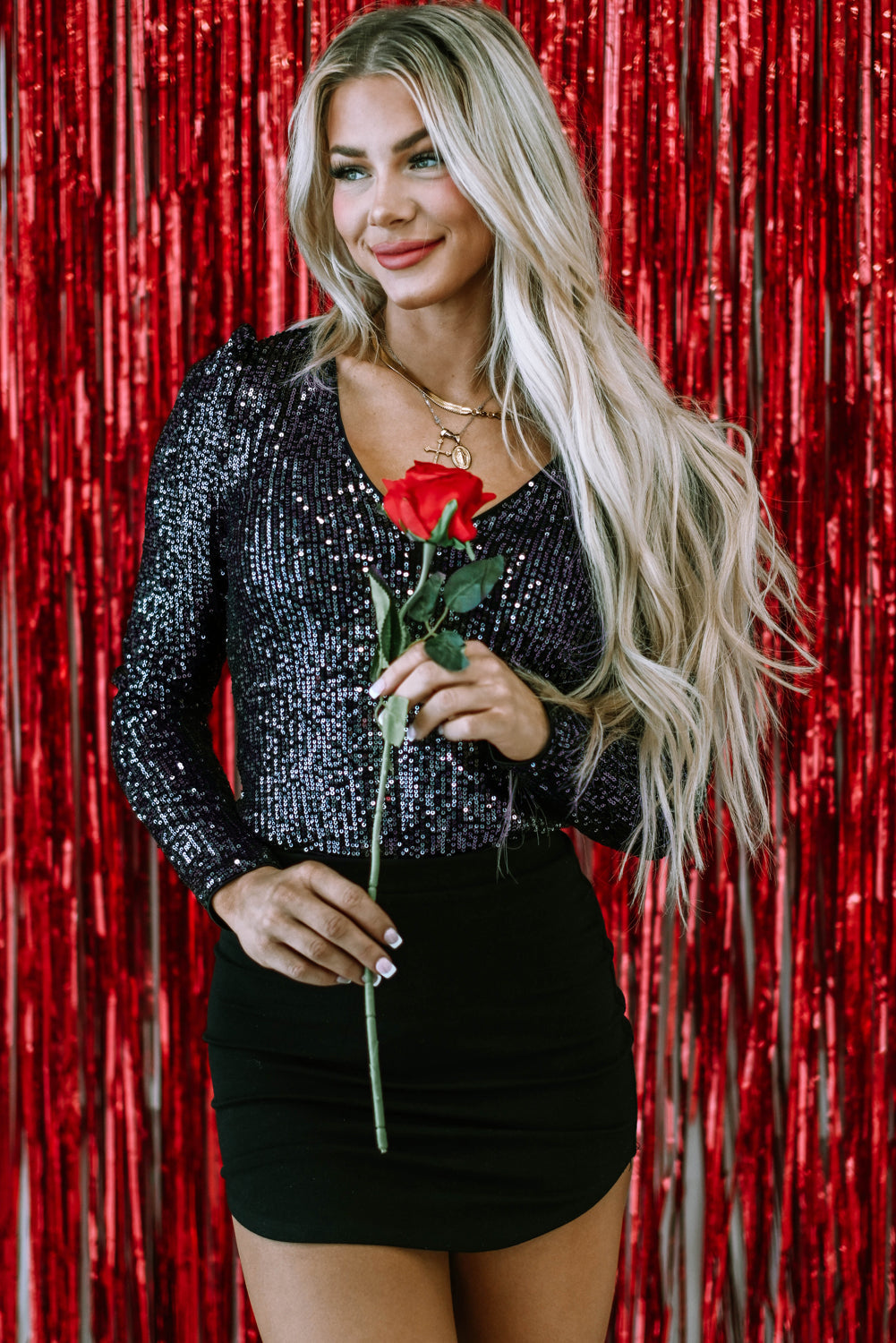 Women's Sequin V Neck Zipped Bodysuit