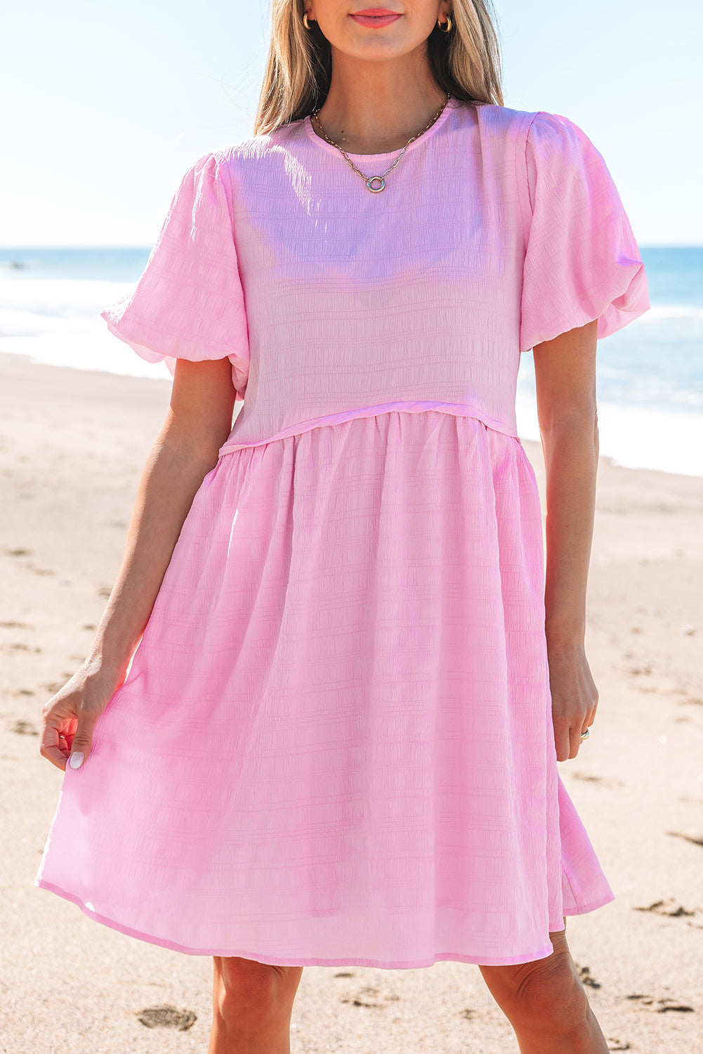 Pink Textured Bubble Sleeve High Waist Mini Dress