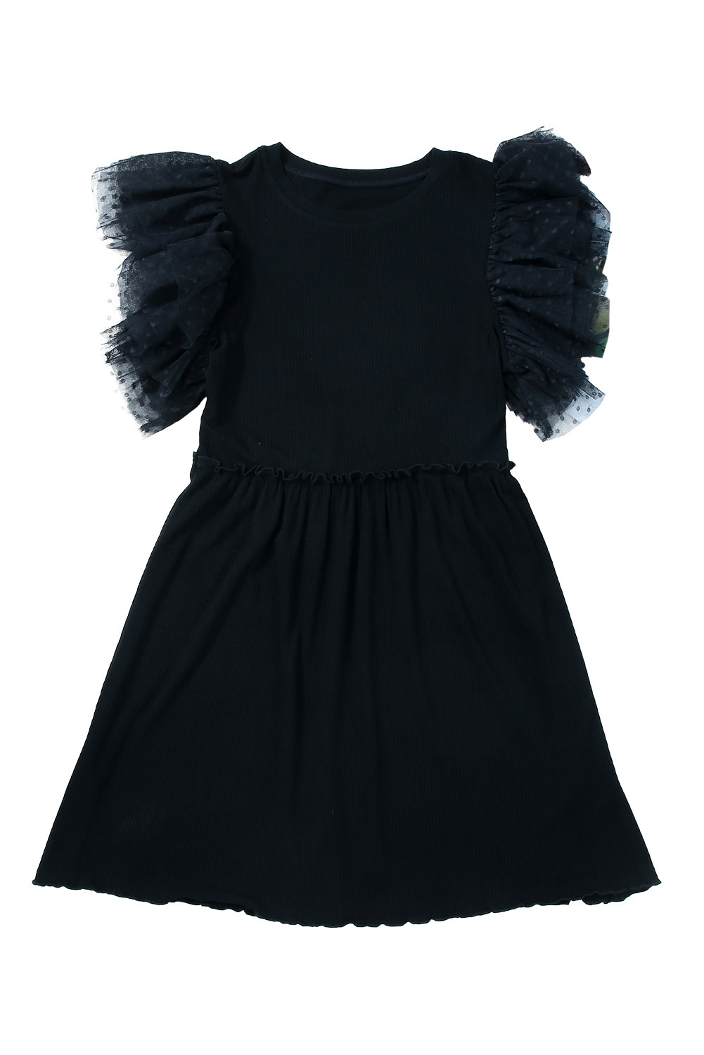 Rib-Knit Dotty Mesh Knit Babydoll Mini Dress in Black