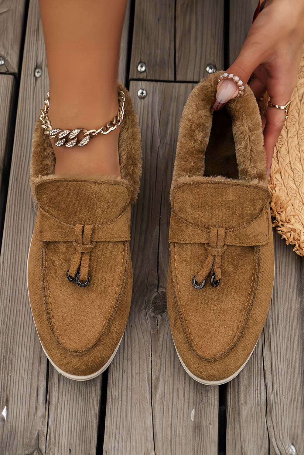 Lined Suede Furry Slip on Flat Shoes