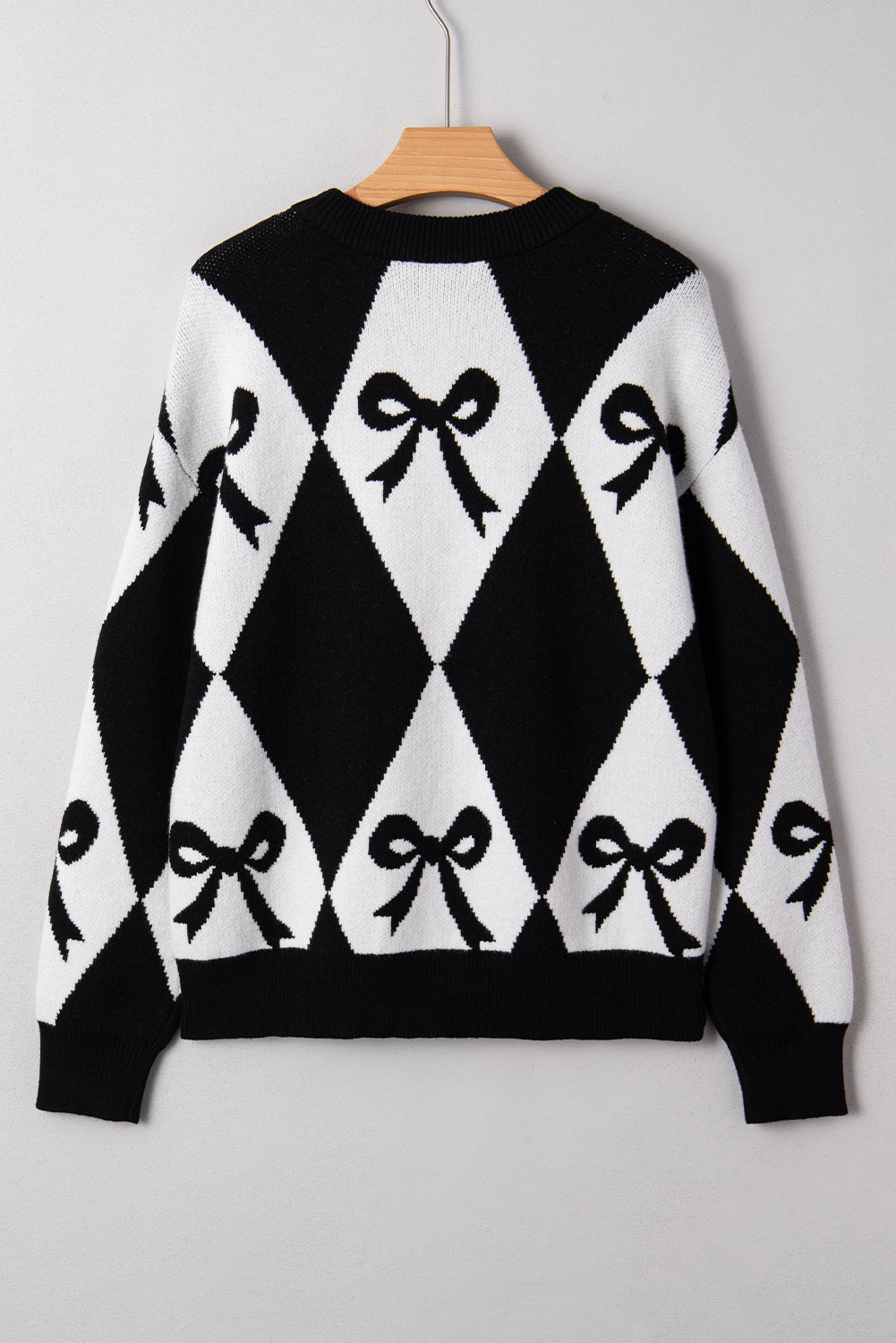 Bow Print 2-tone Rhombus Knit Loose Knit Top