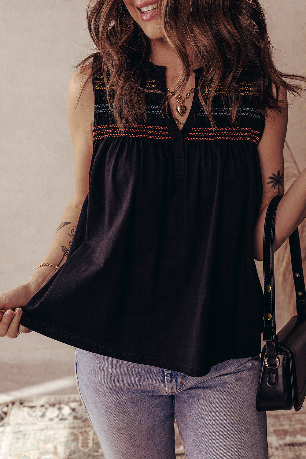 Shirred Yoke Colorful Yoke Notched V-Neck Tank Top