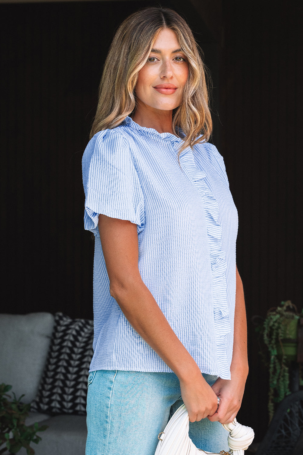 Striped Bubble Ruffle Short Sleeve Shirt