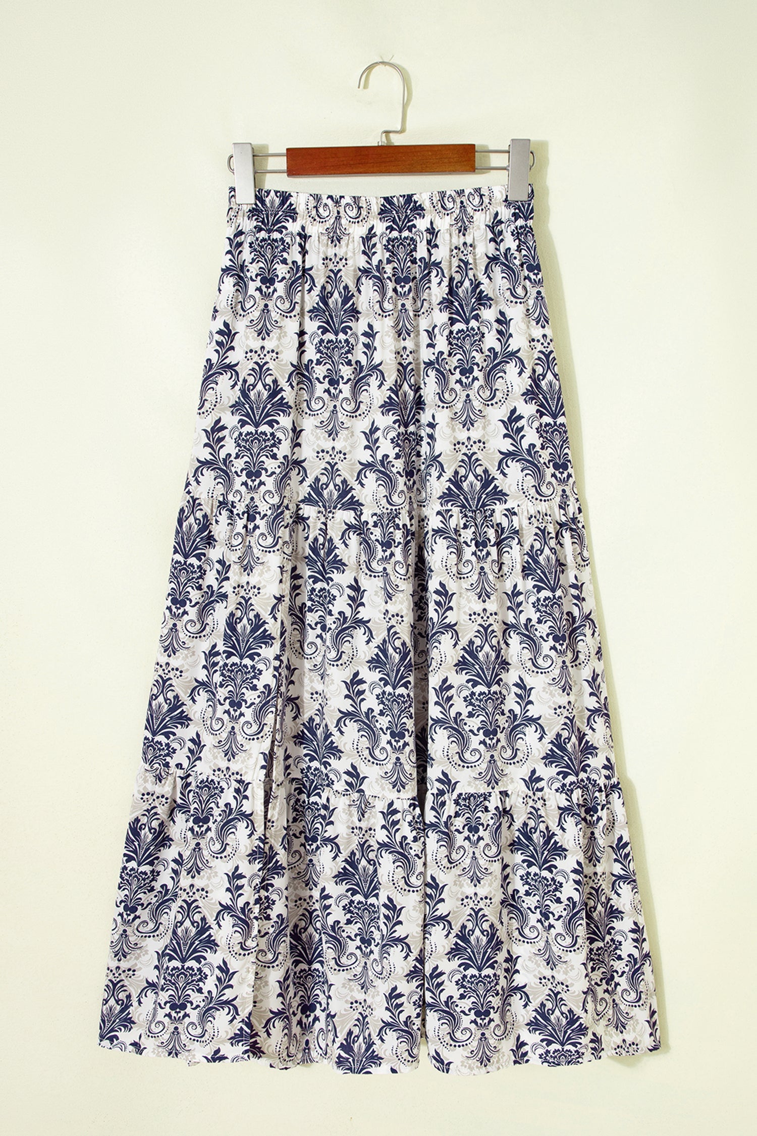 Bohemian Maxi Floral-Print Tiered Skirt with Split in Blue
