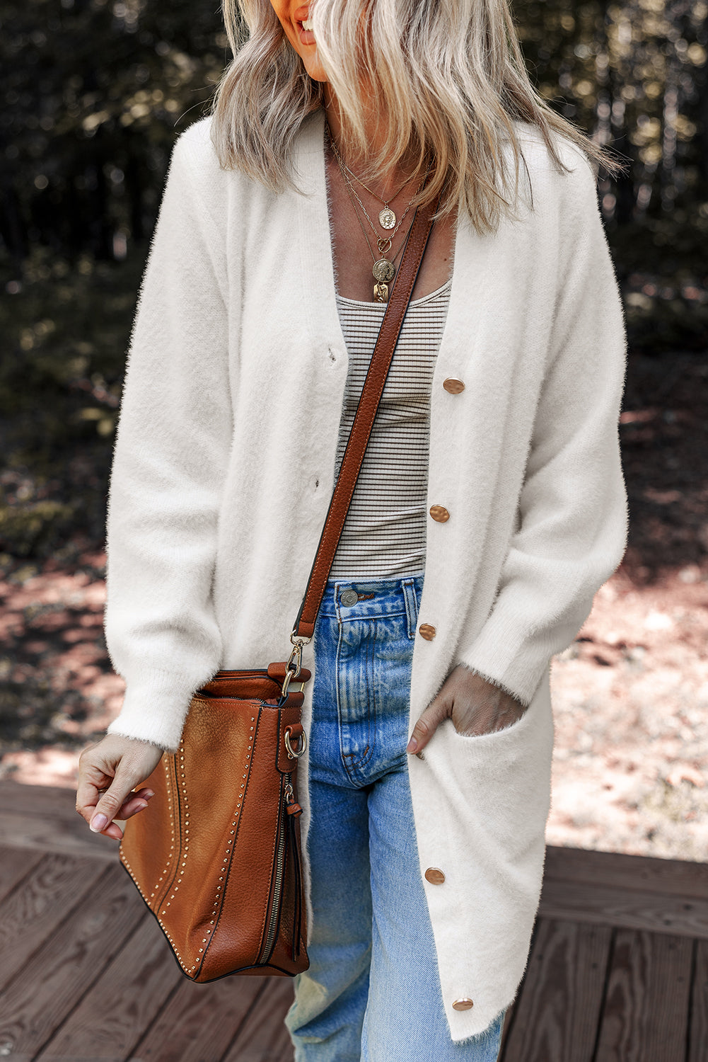 Fuzzy Button-Front Midi Solid Cardigan