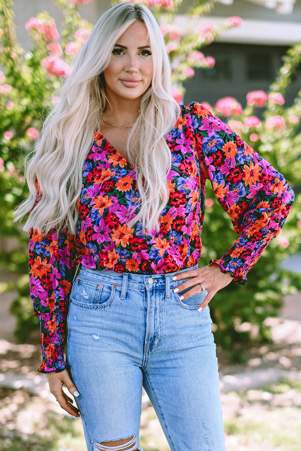 Women's Bodysuit with Wrap Long-Sleeve Floral-Print