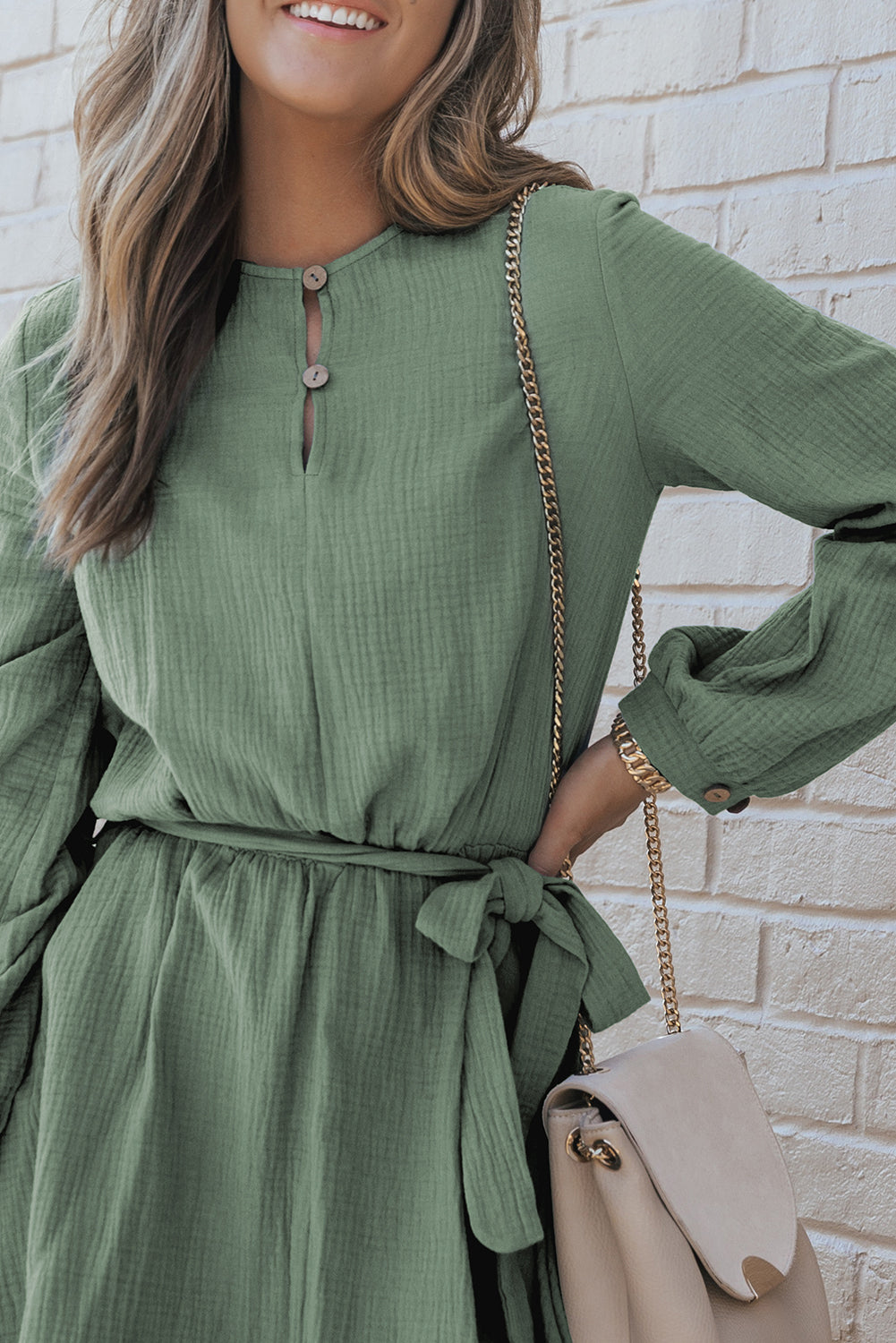 Women's Mini Dress with Button Neck Belted Pleat-Detail