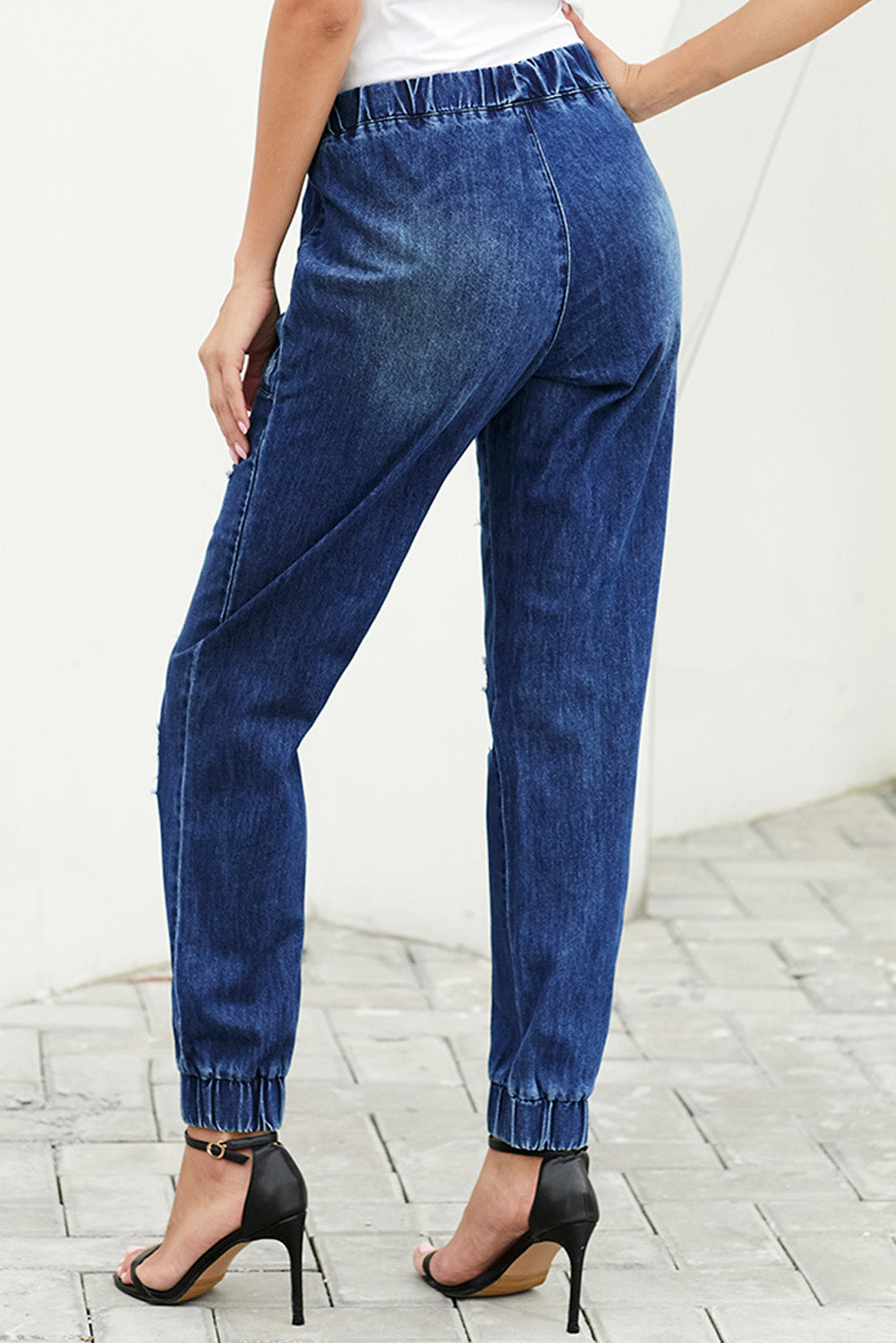 Women's Joggers Featuring Ripped Jean Blue Distress Drawcord Pocket-Detail