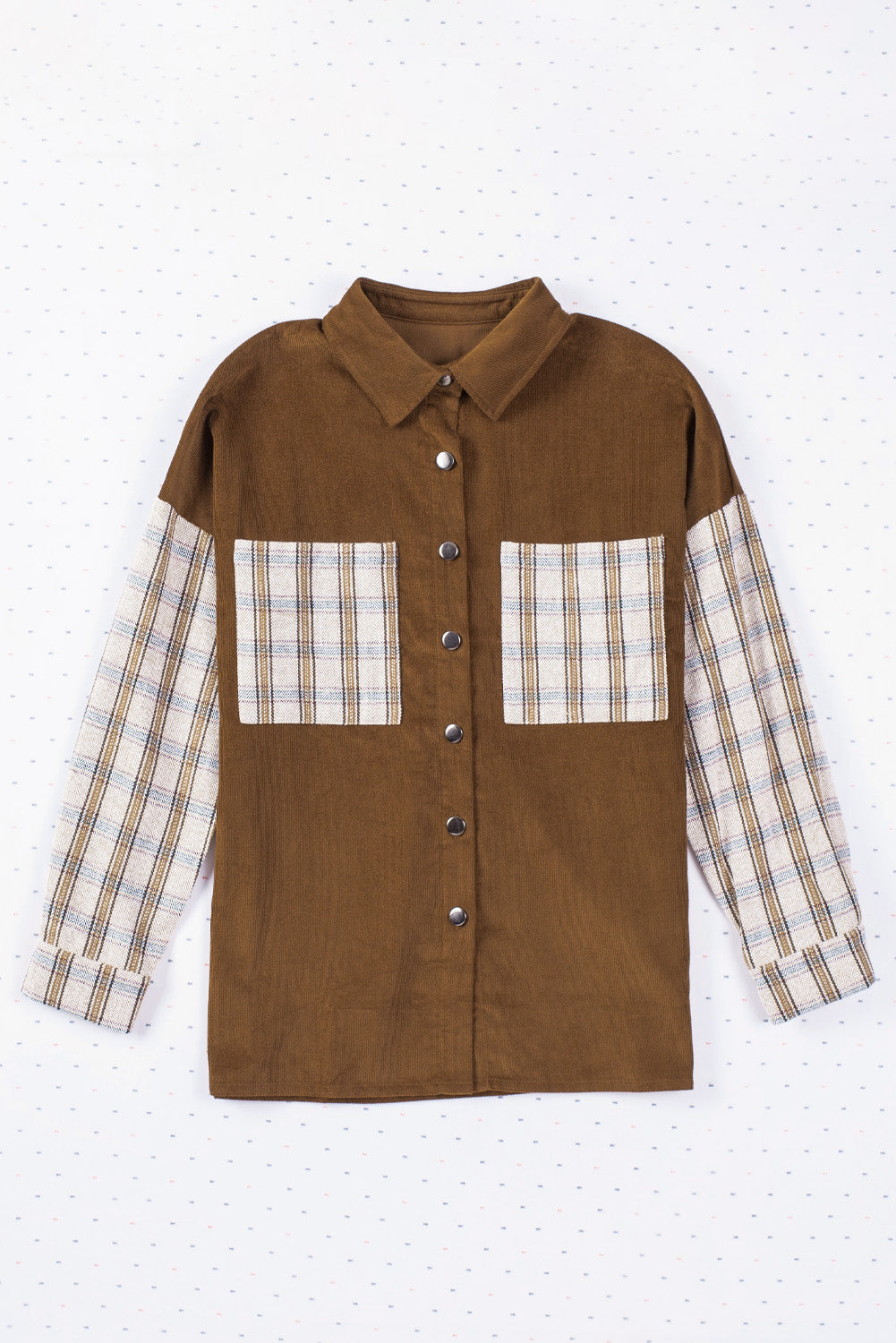 Women's Shirt Jacket Featuring Cord Plaid Patchwork