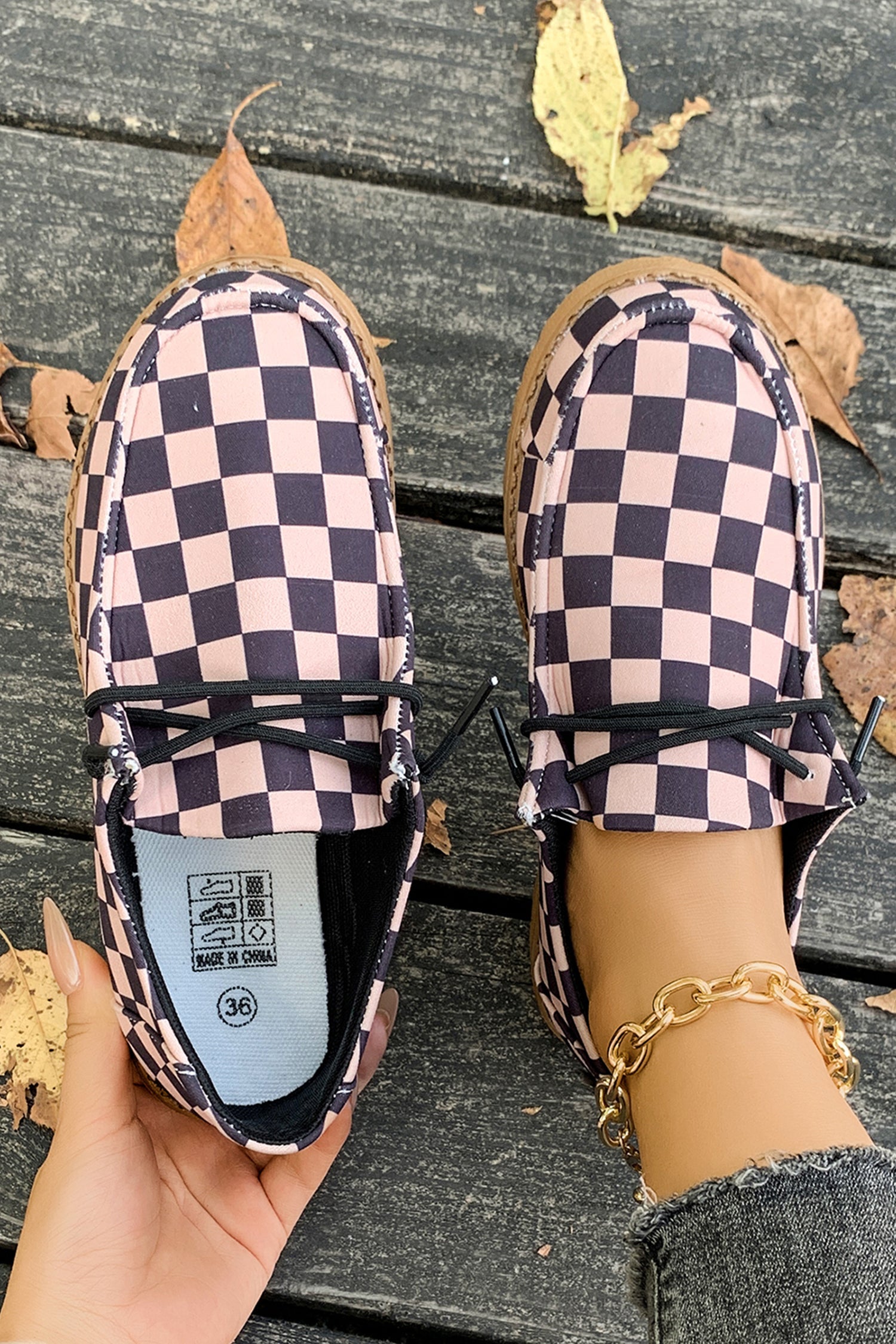 Checkered Leather Print PU Lace Up Detail Flat Shoes