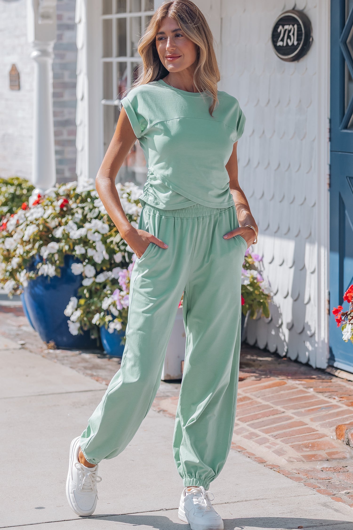 Solid Moonlight Jade Cropped Tank Top and Jogger Pants Set