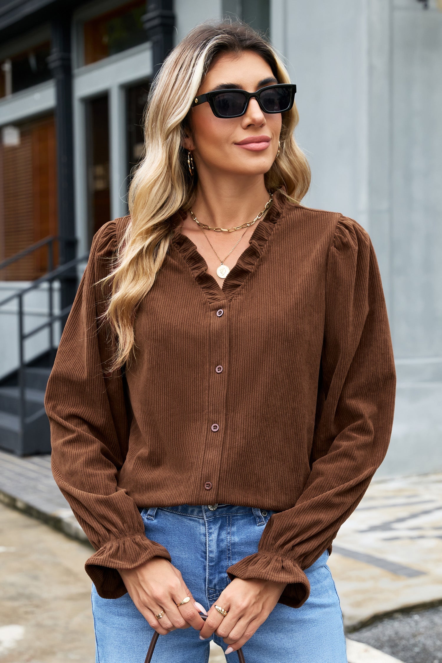 Long-Sleeved Coffee Solid Button Corduroy Shakcet