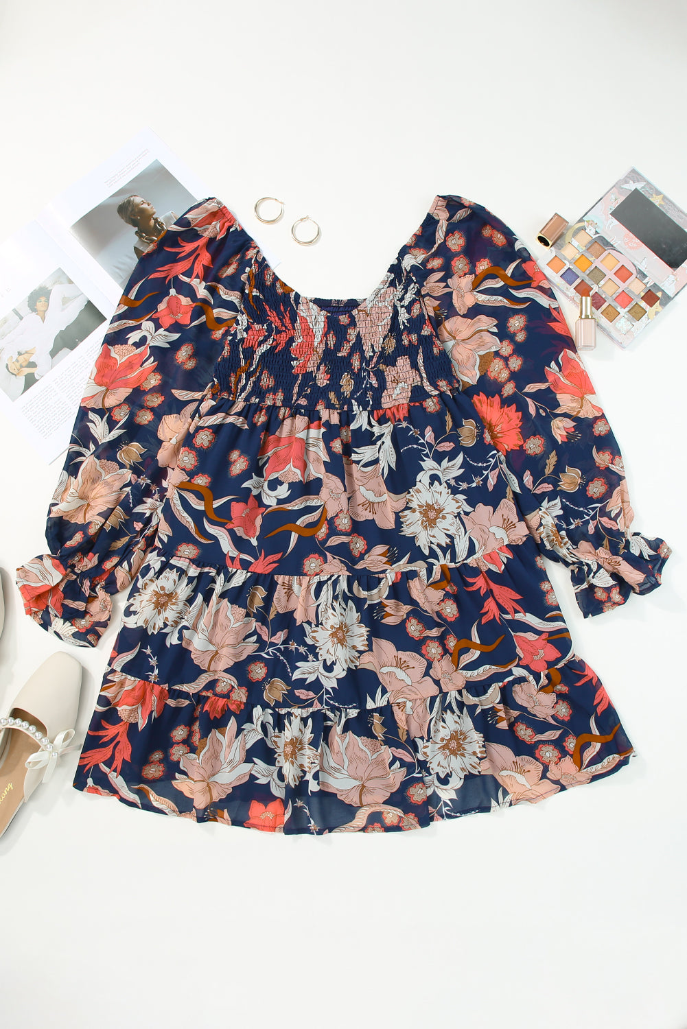 Women's Mini Dress with Floral-Print Layered Long Balloon Sleeve