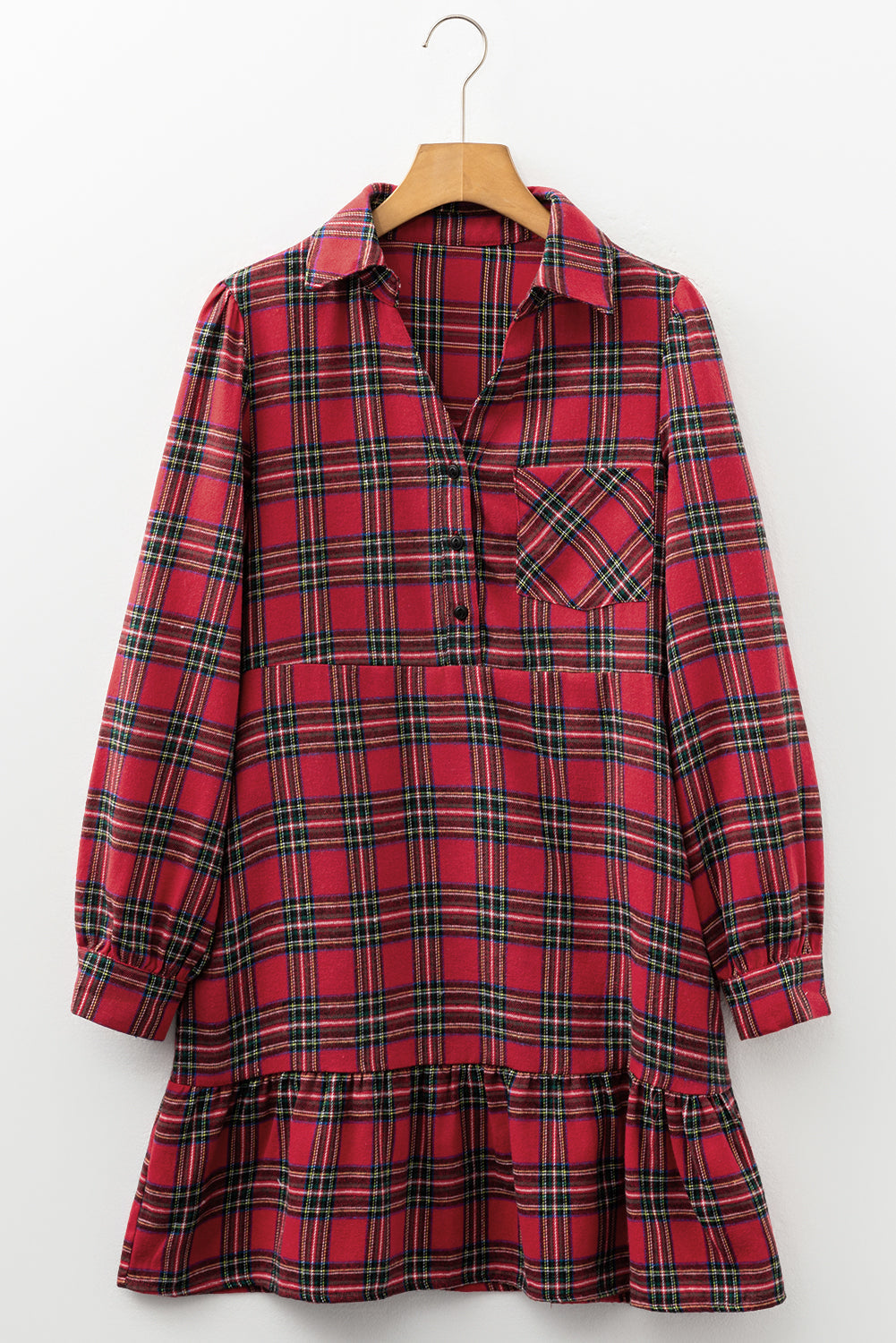 Plaid Half Shirt Collar Button Ruffle Hem Long-Sleeved Mini Dress