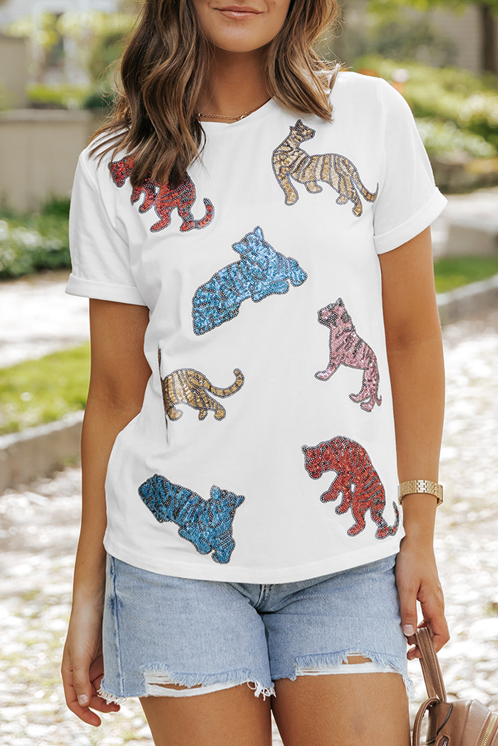 Women's T-shirt Featuring Shiny Tiger Patch Graphic-Print Summer