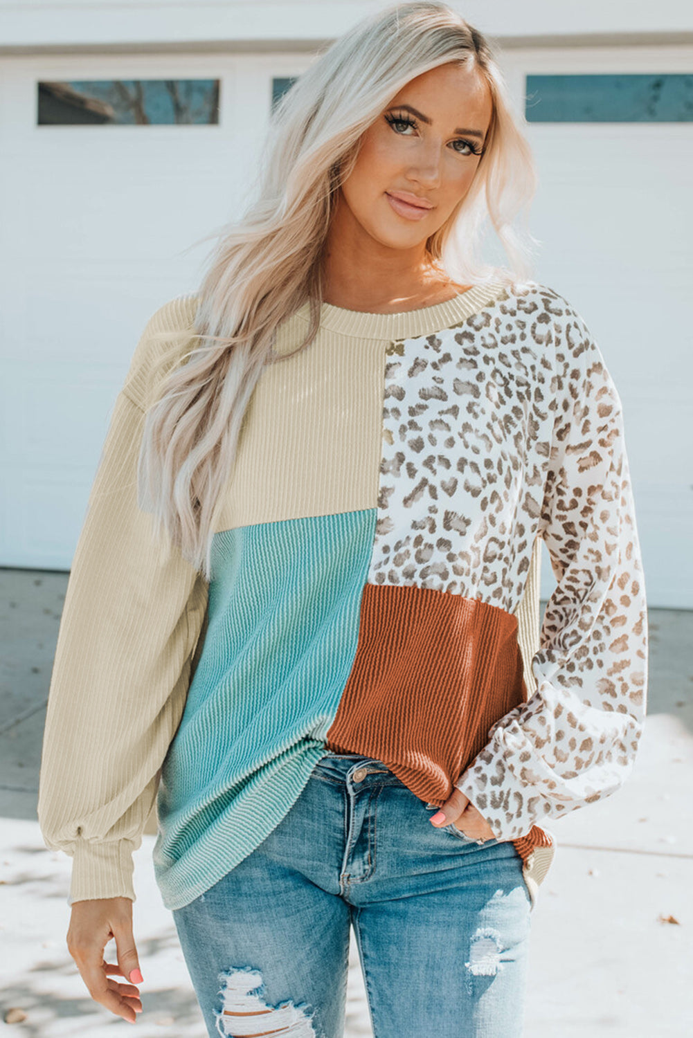 Women's Patchwork Rib-Knitted Long-Sleeve Top