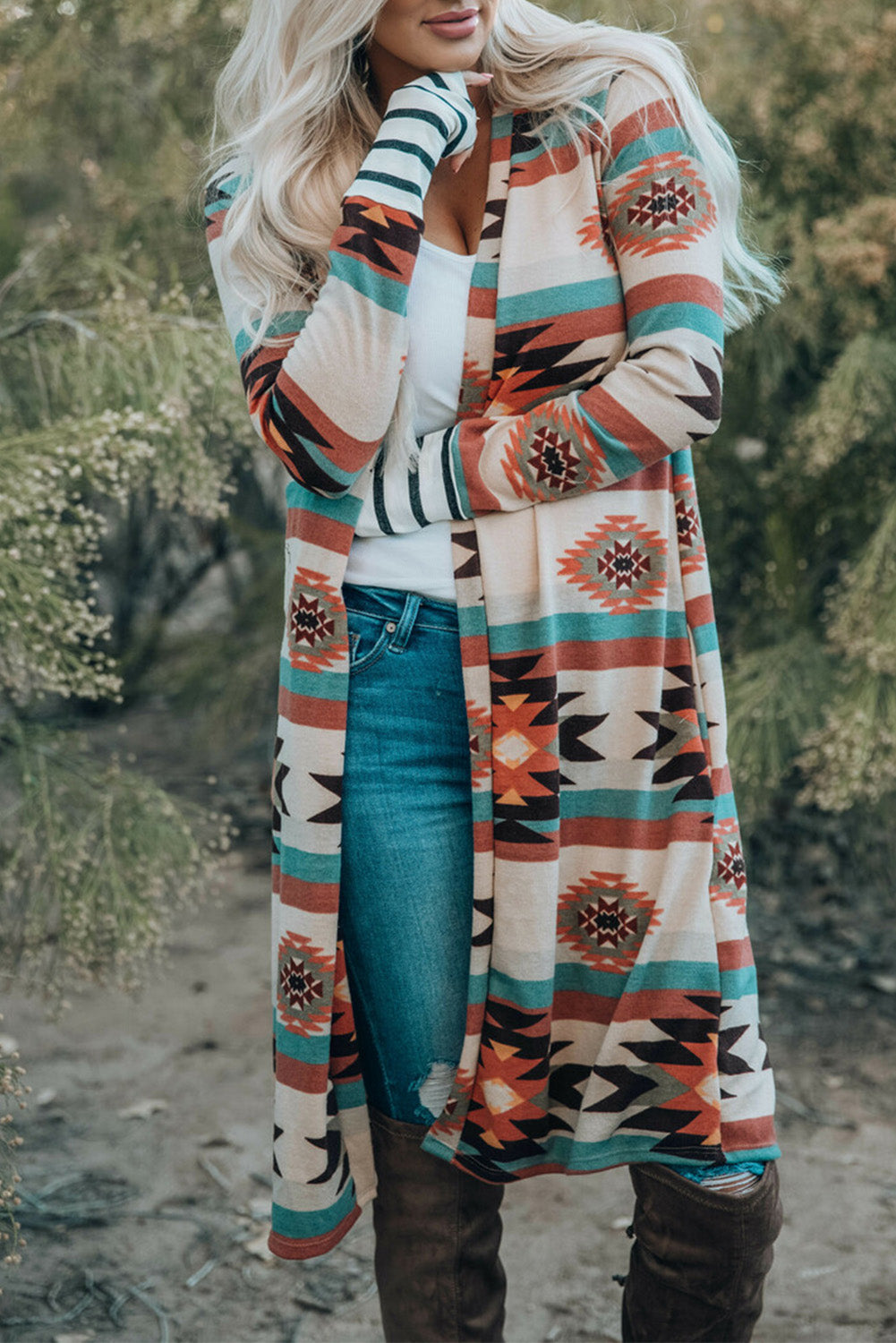 Long Cardigan for Women Geometric Block Open Front