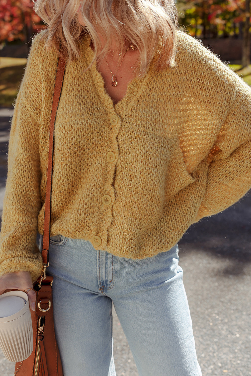 Scallop Lantern Sleeve V-Neck Button-Front Cropped Cardigan