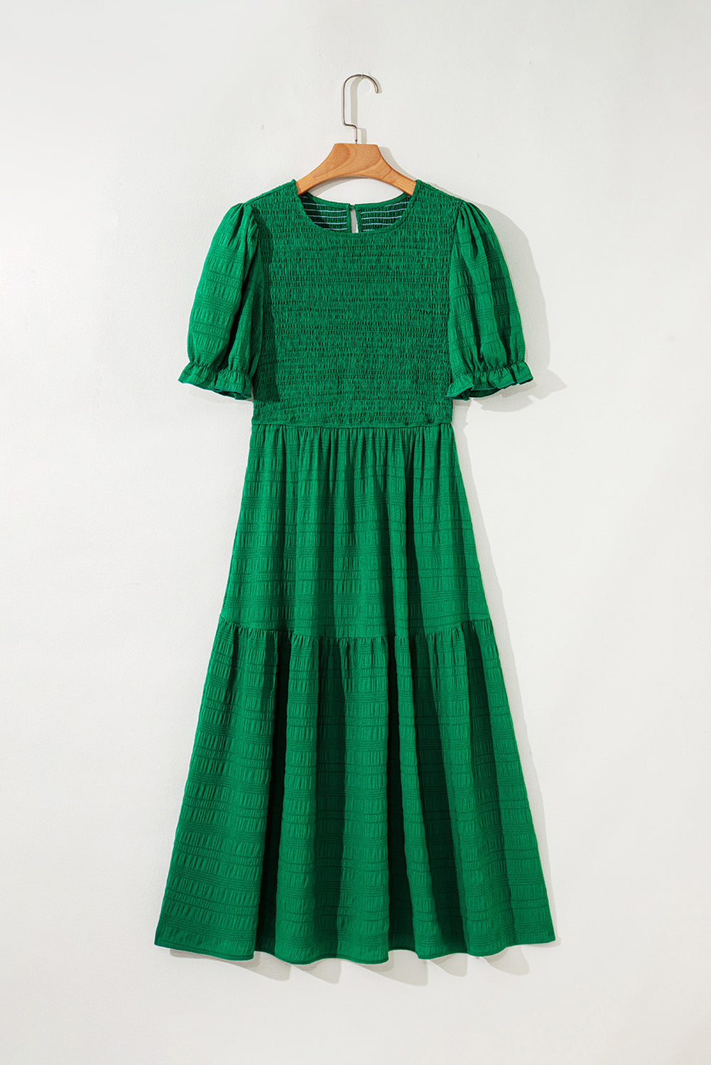 Smocked Puff Textured Puff Short-Sleeved High-Waisted Long Dress in Dark Green