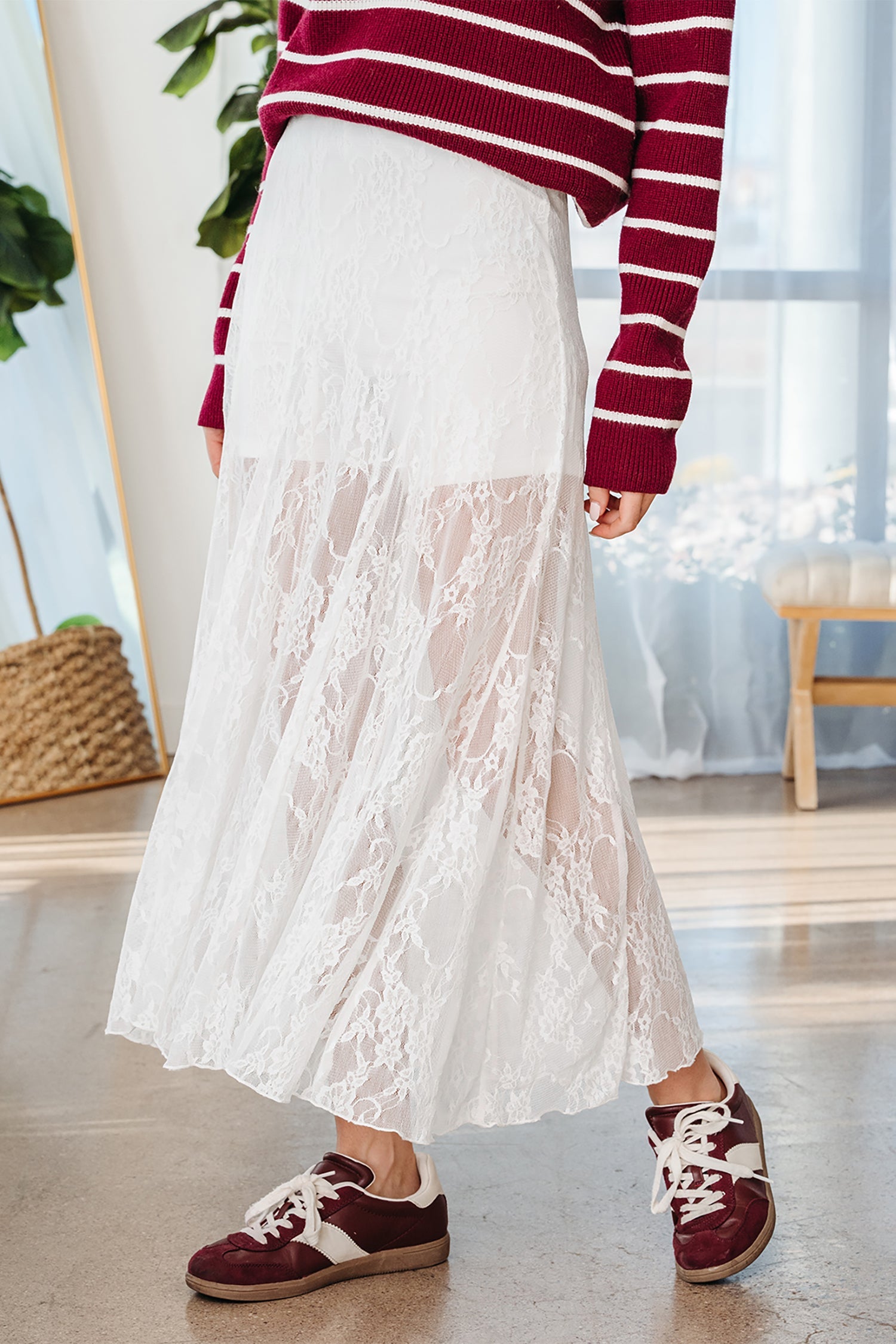 White Sheer Polished Sheer Floral Lace Flowy Maxi Skirt