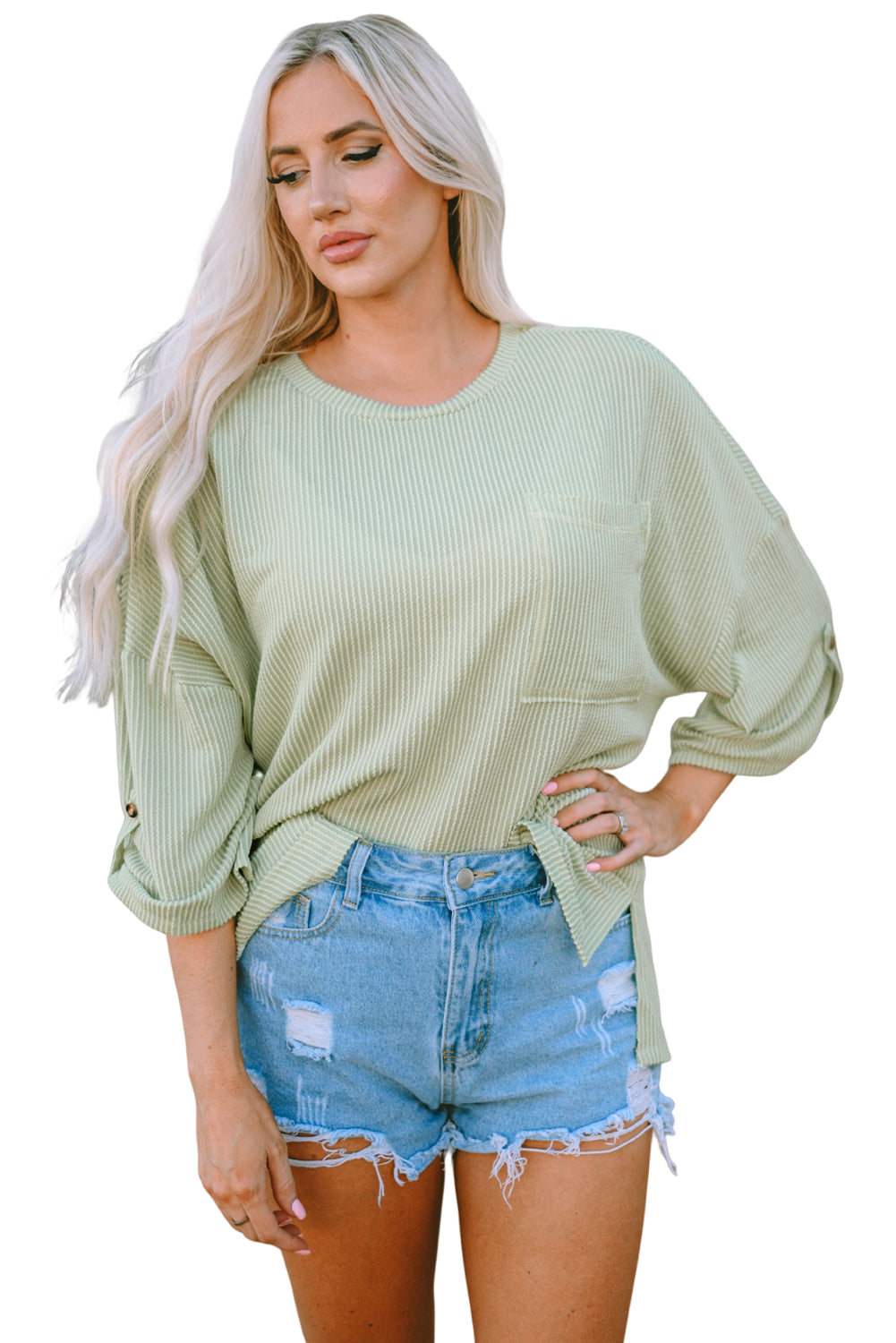 Women's Rib-Knitted Roll-tab Sleeve Oversize Top