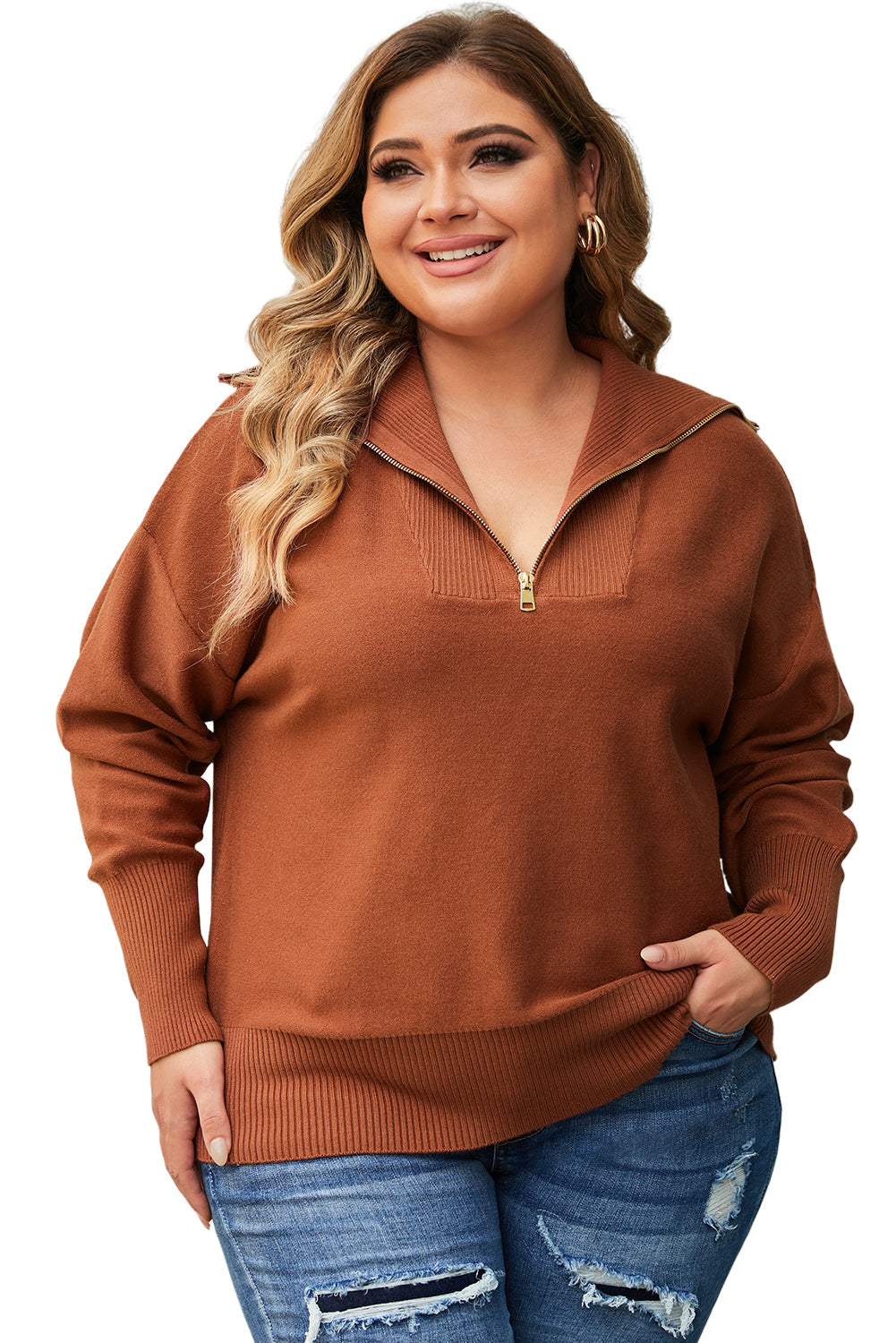 Women's Sweater Featuring Rib-Knitted Trim Plus Size Zip Collar
