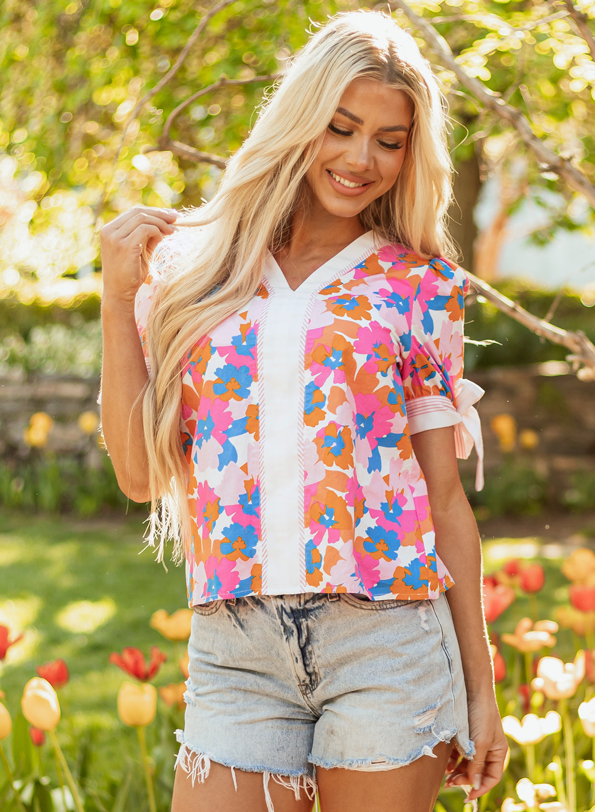 Floral Colorblock Striped Edge V-Neck Knotted Short-Sleeved Blouse