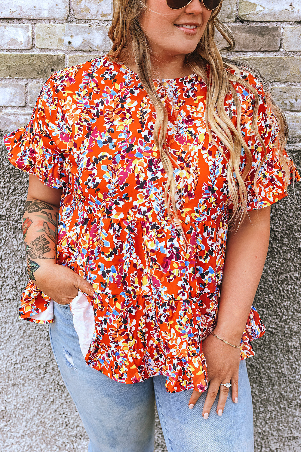 Blouse for Women Ruffle-Trimmed Curvy Babydoll Floral-Print