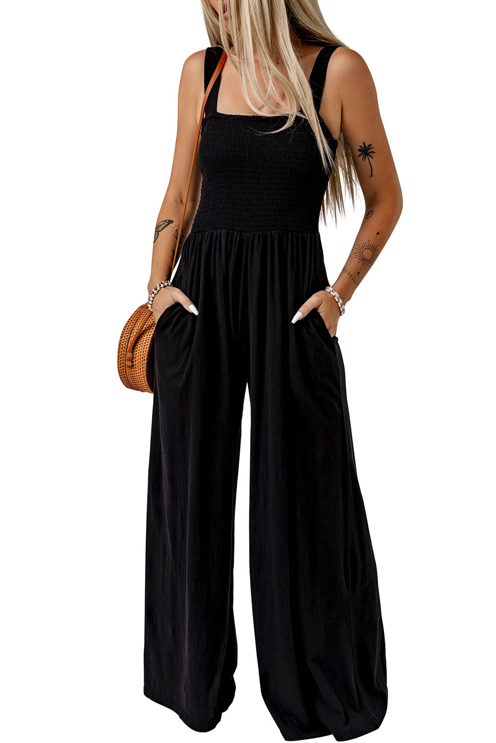 Women's Leg Jumpsuit Featuring Shirred Sleeveless Wide