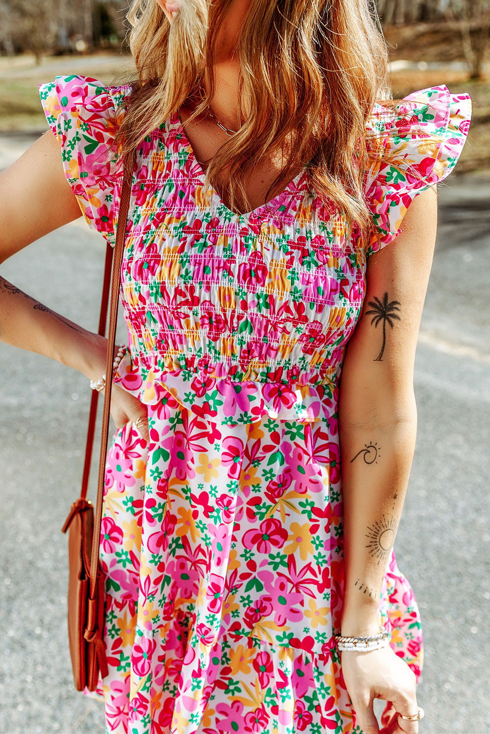 Women's Floral Dresses Featuring Shirred Bodice Ruffle-Trimmed