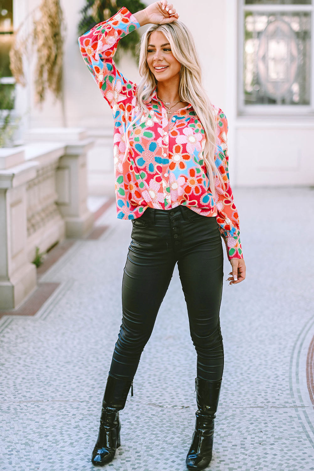 Women's Shirt with Floral-Print Print Bubble Sleeve