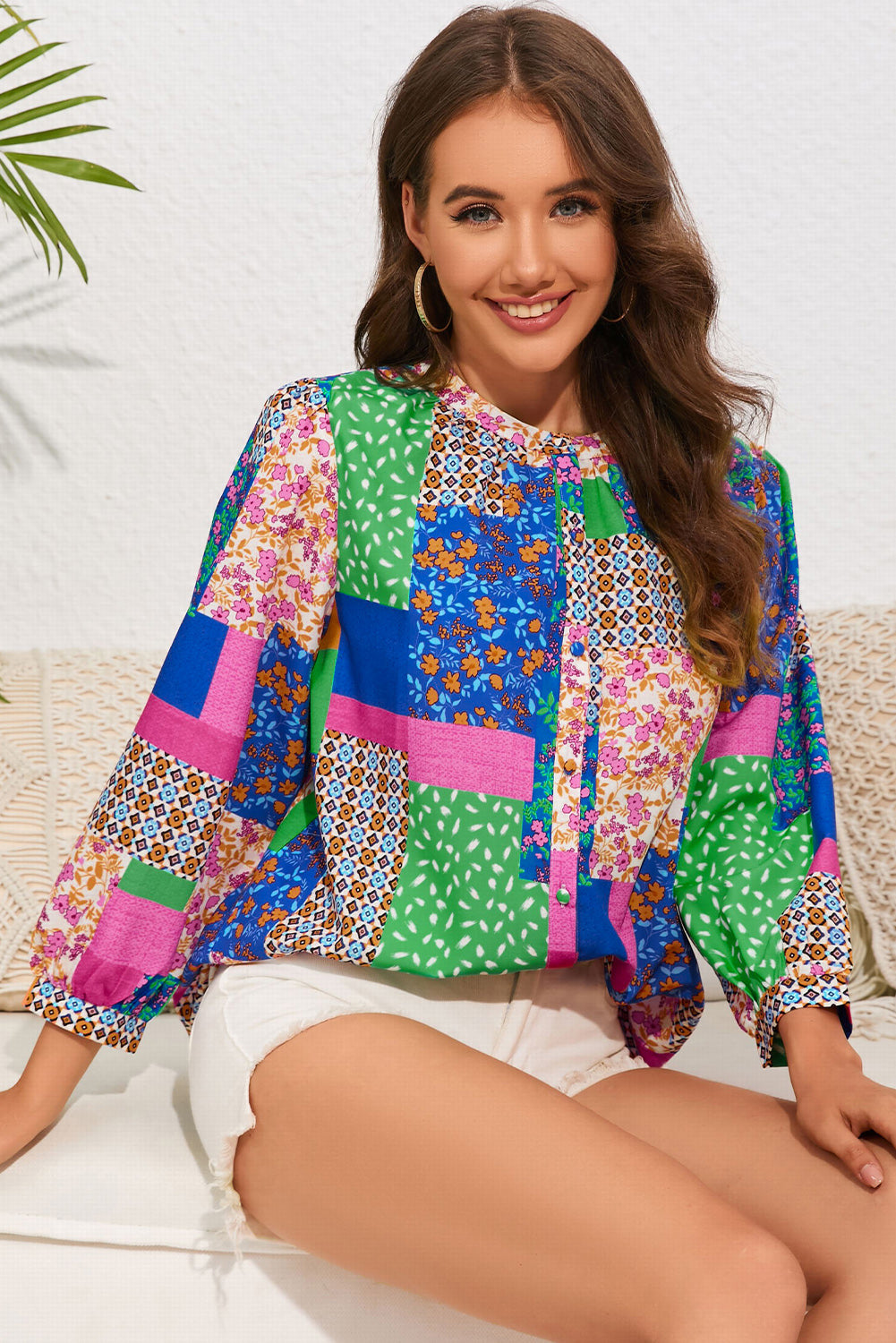 Shirt for Women Floral-Print Patchwork Balloon Sleeve