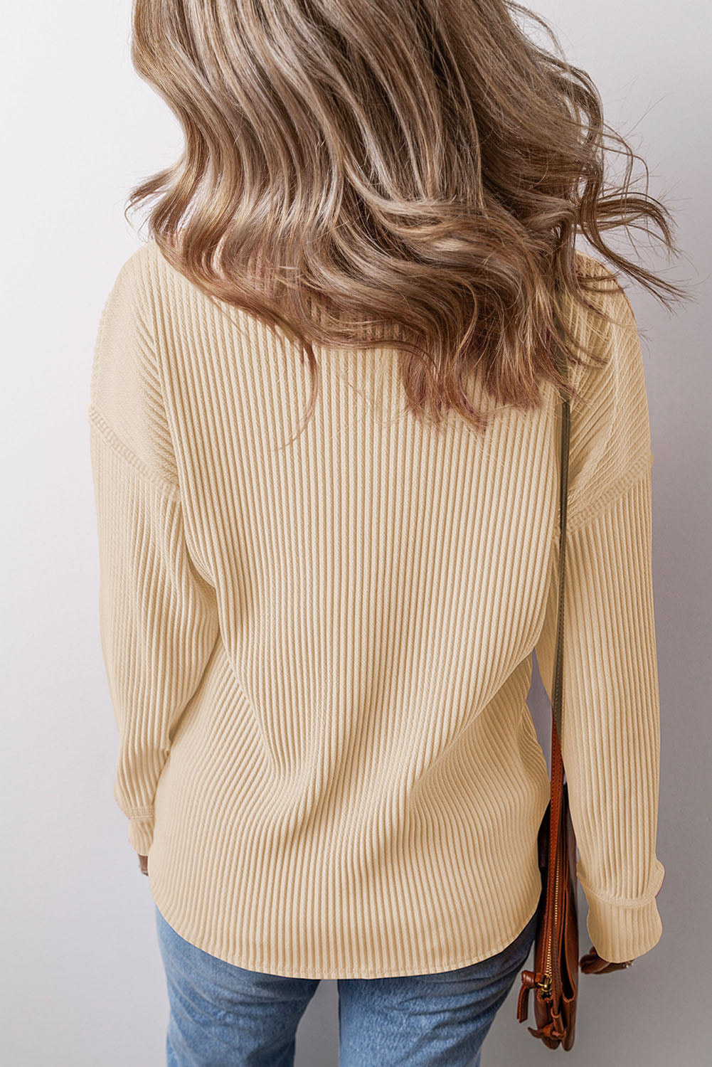 Solid Color Corded Drop Shoulder Long Sleeve Top