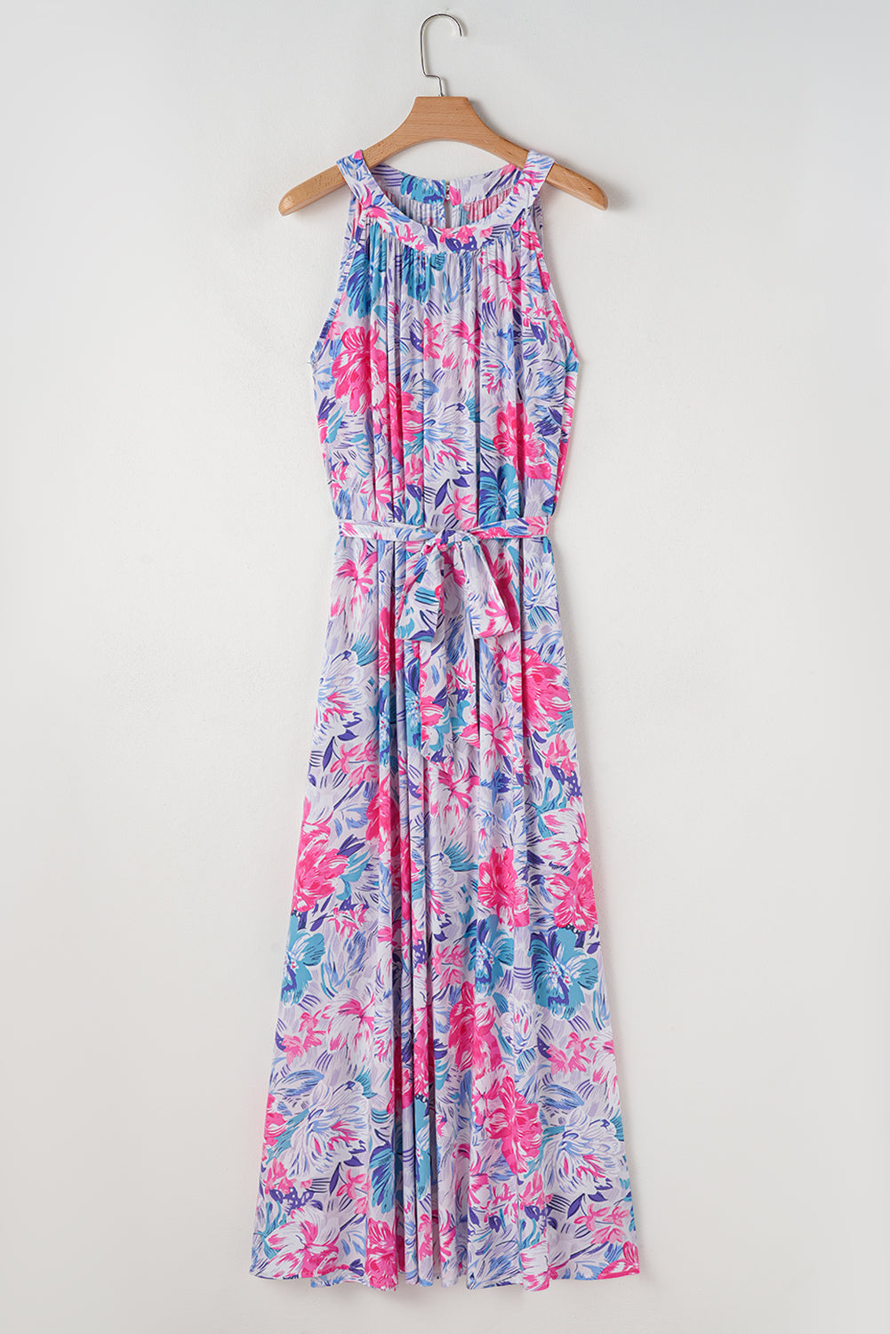 Floral Printed Sleeveless Knot Waist Maxi Dress