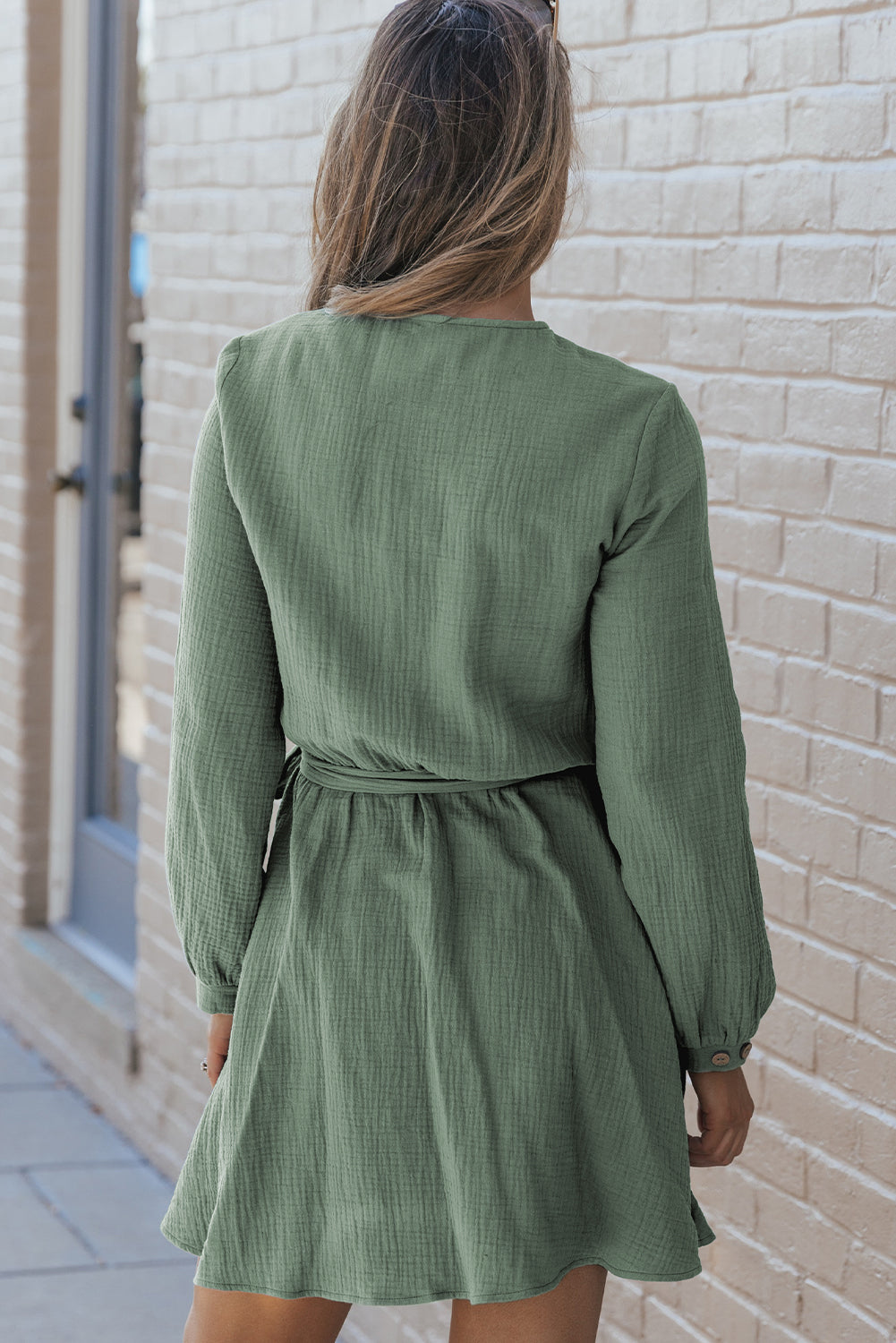 Women's Mini Dress with Button Neck Belted Pleat-Detail