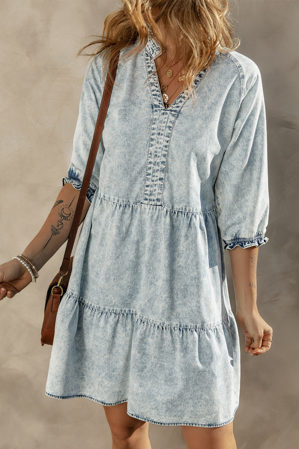 Dress for Women Denim Wash Retro Half Sleeve