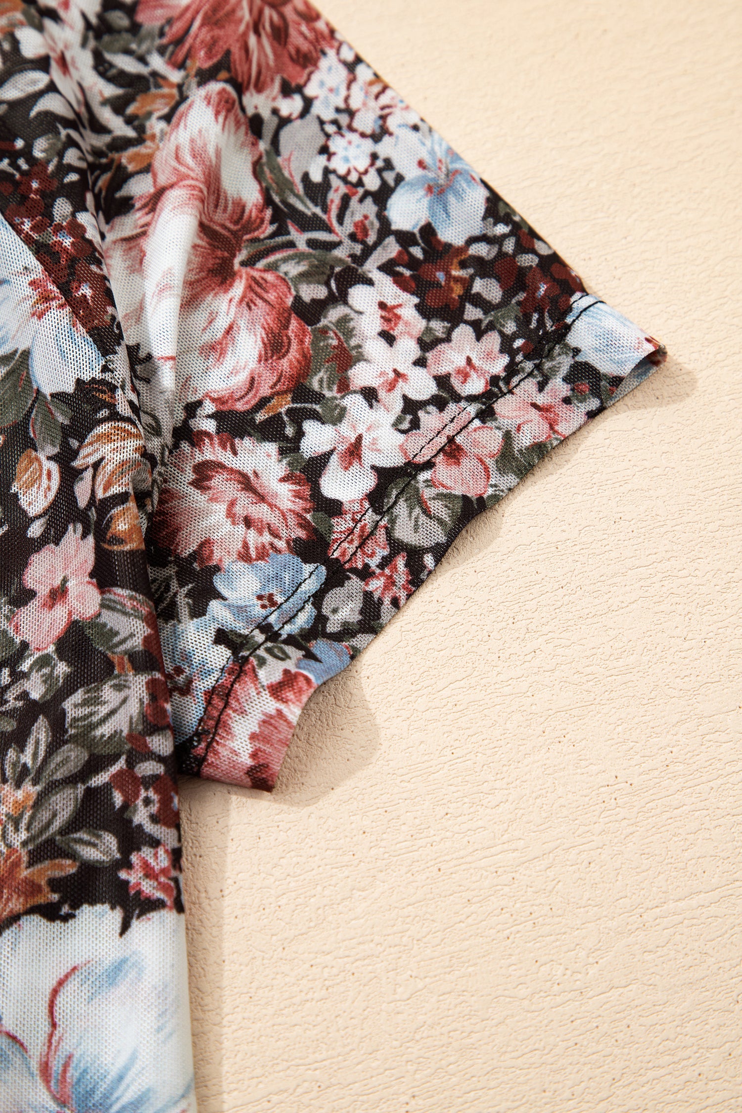 Neck Floral-Print High Short-Sleeved Mesh Top