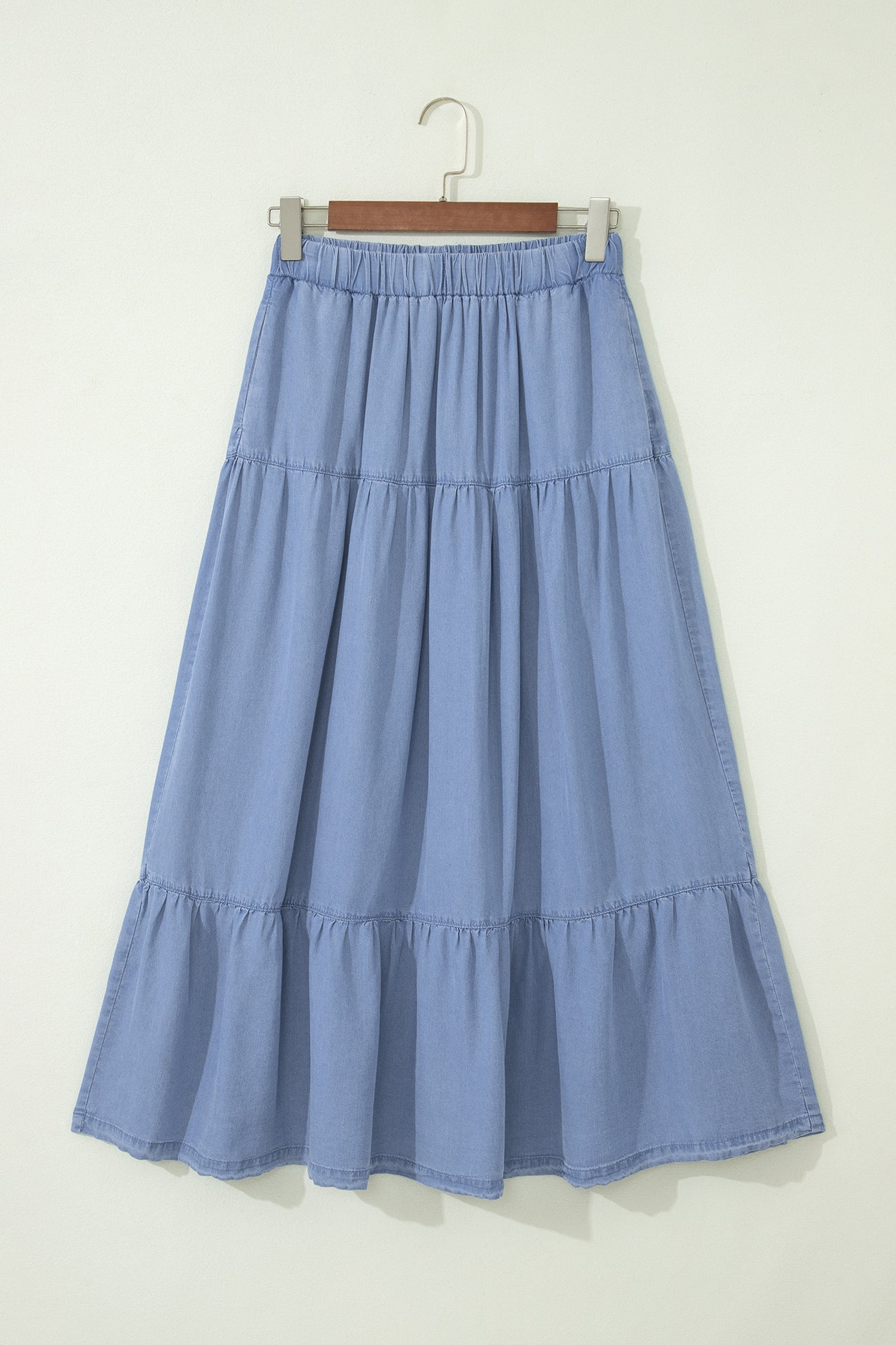 Elastic Waist Ruffled Tiered Flared Denim Maxi Skirt in Beau Blue