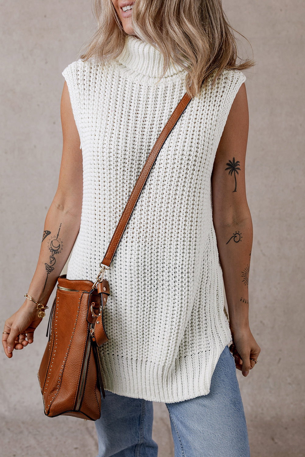 Women's Vest with Knitted Slit Hem Sweater Turtleneck