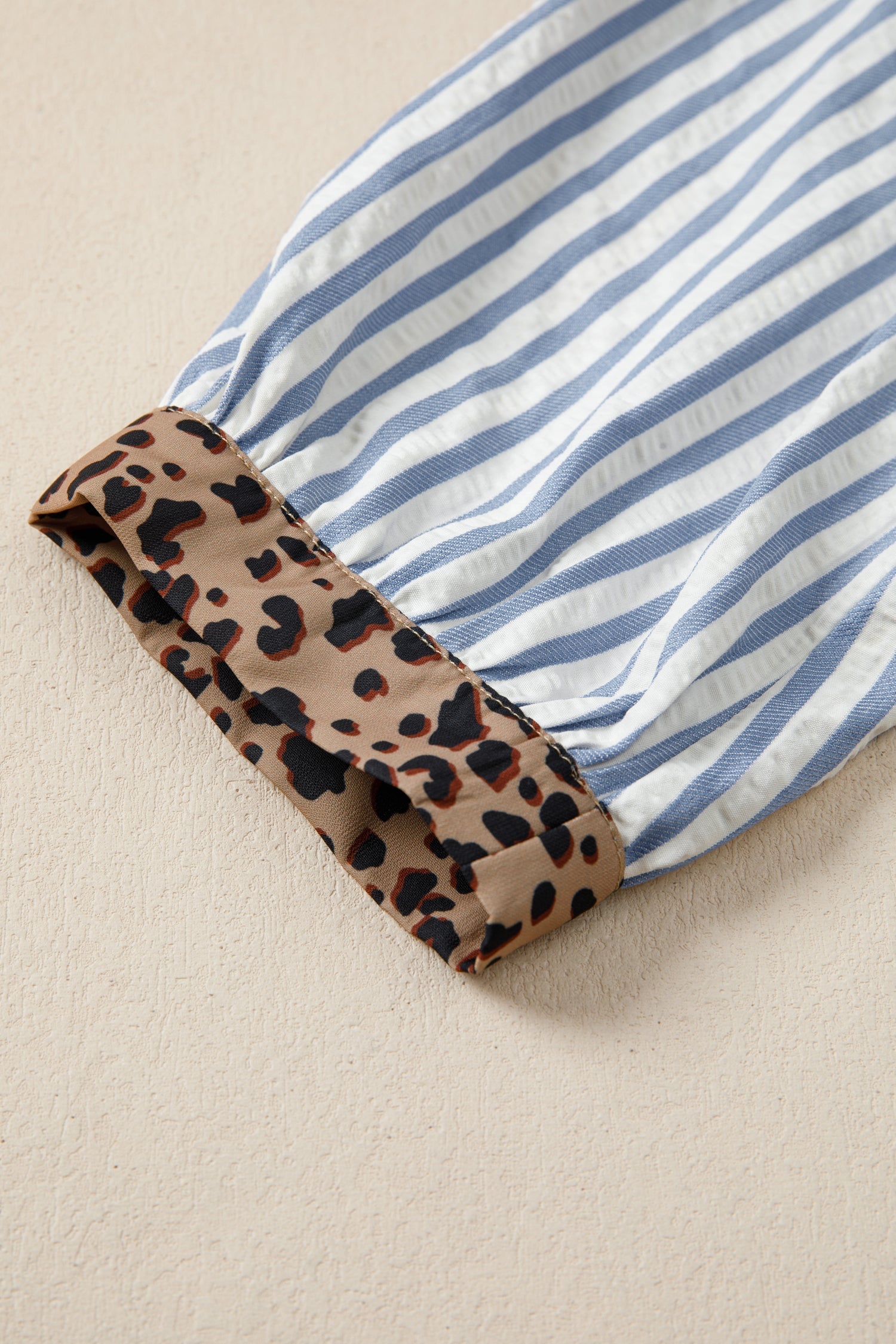 Leopard Trim V-Neck Button Down Half Sleeve Shirt