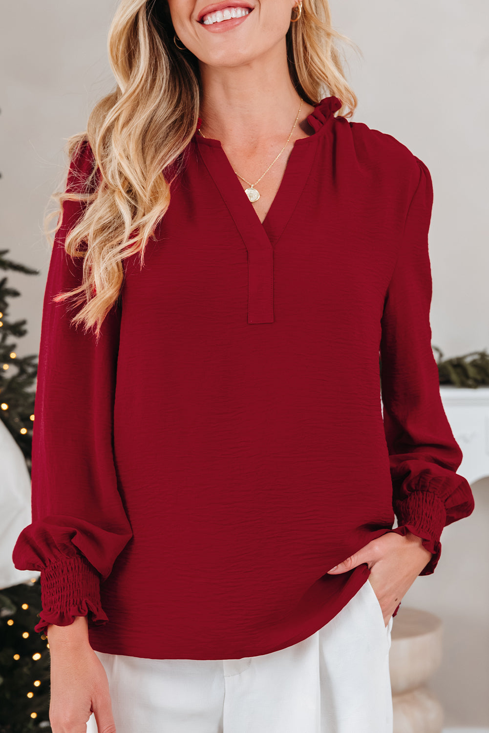 Neck Shirred Notched Shirred Cuff Long-Sleeved Blouse
