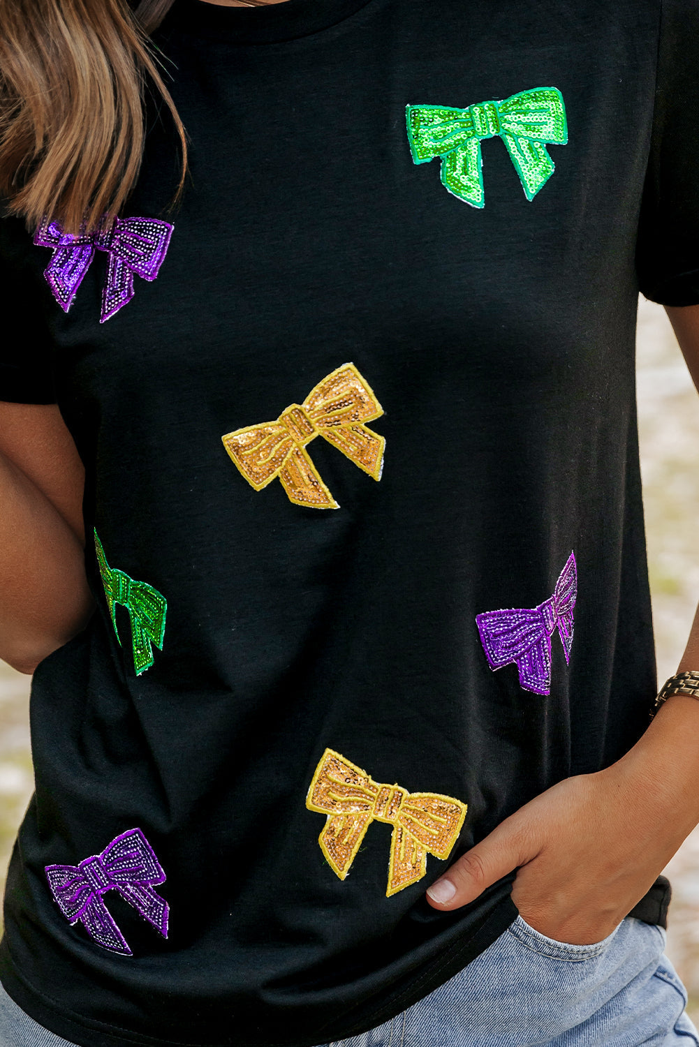 Women's T Shirt with Mardi Gras Sequin Bow Knot-Detail Crew Neck