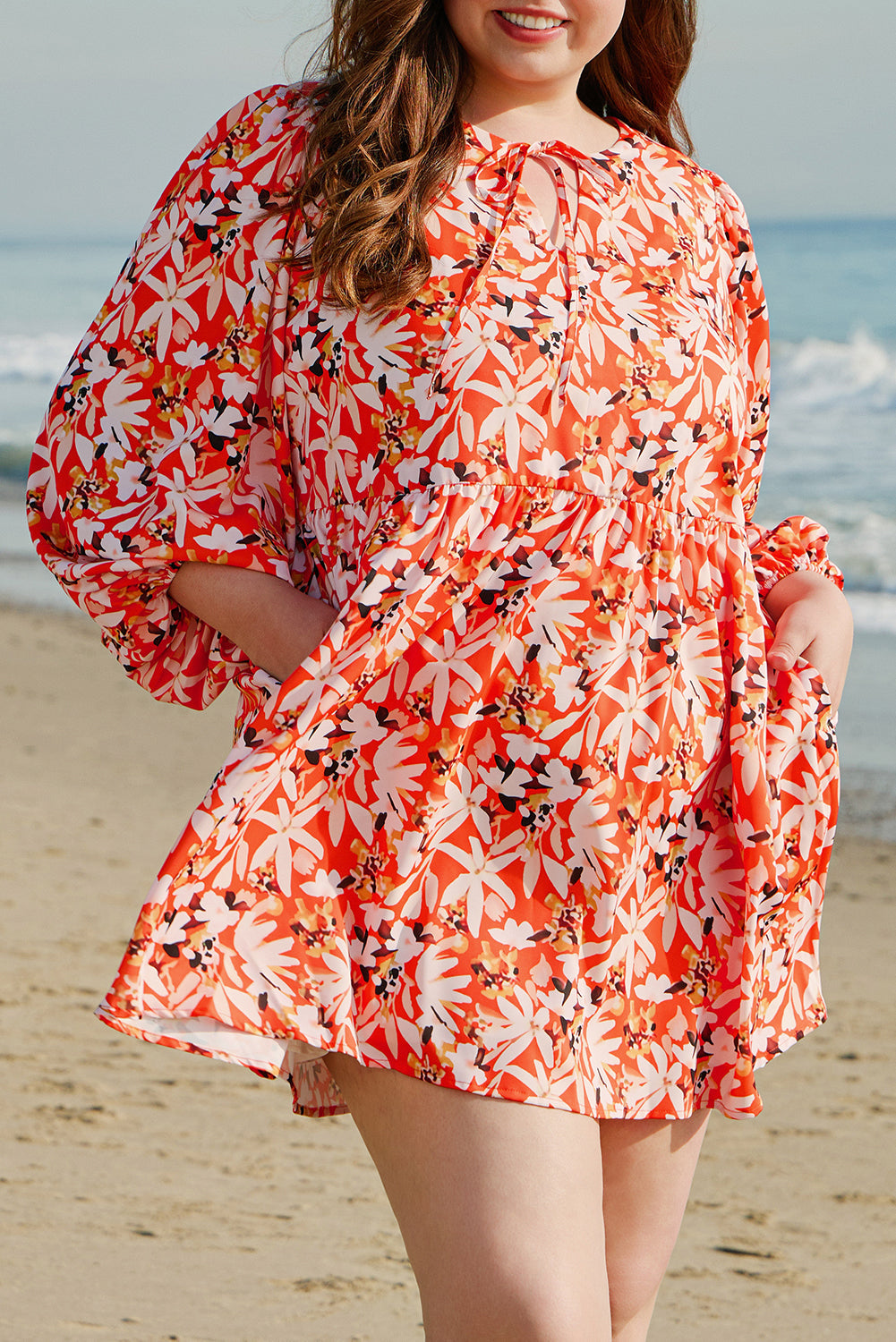Floral Print Split V Neck Plus Size Dress