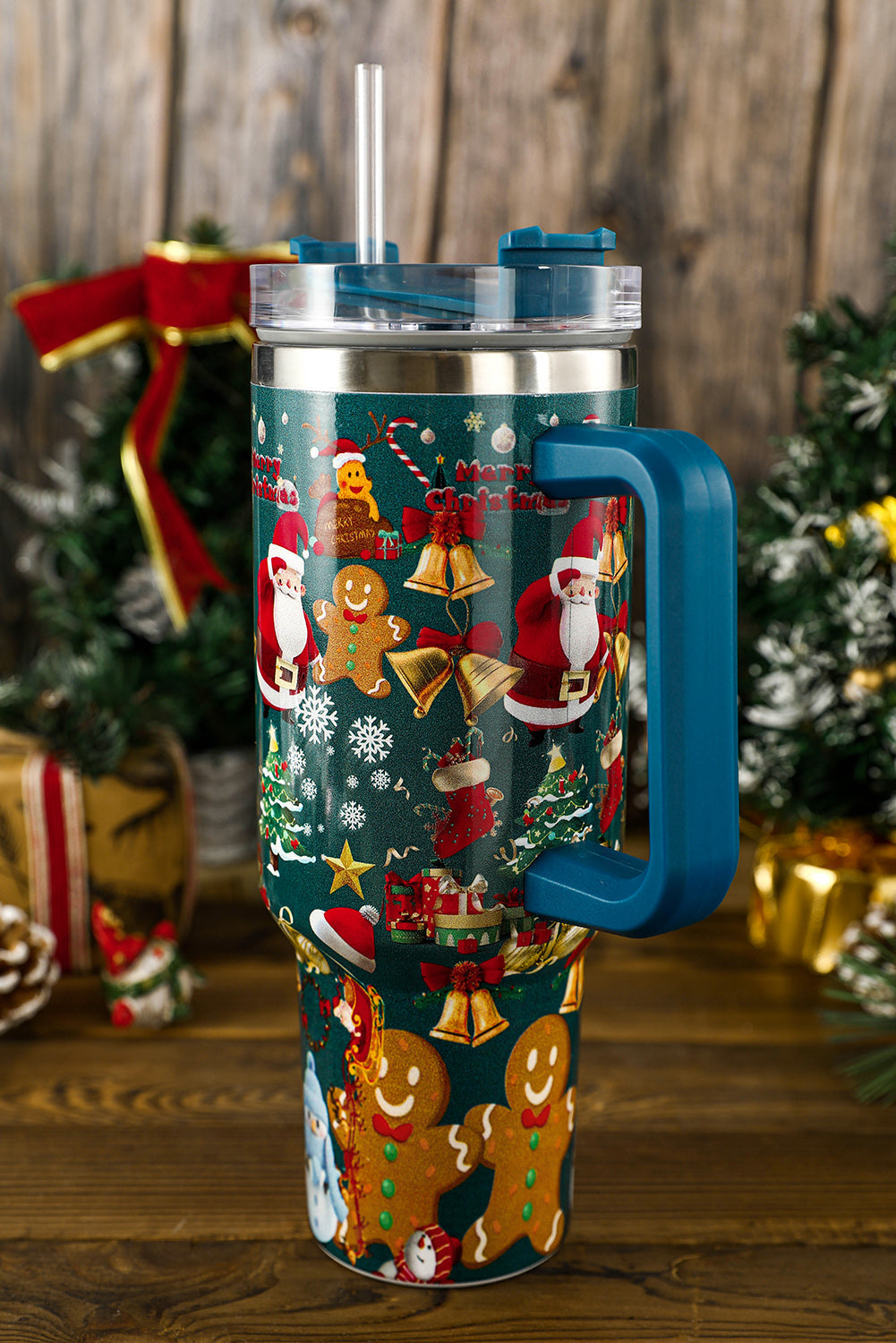 Handled Christmas Print Stainless Steel Tumblers 40oz