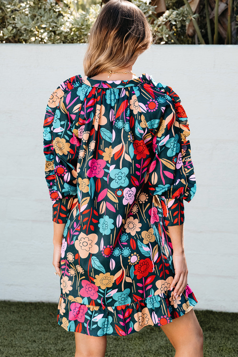 Women's Balloon Sleeve Ruffle-Trimmed Mini Floral-Print Print Dresses